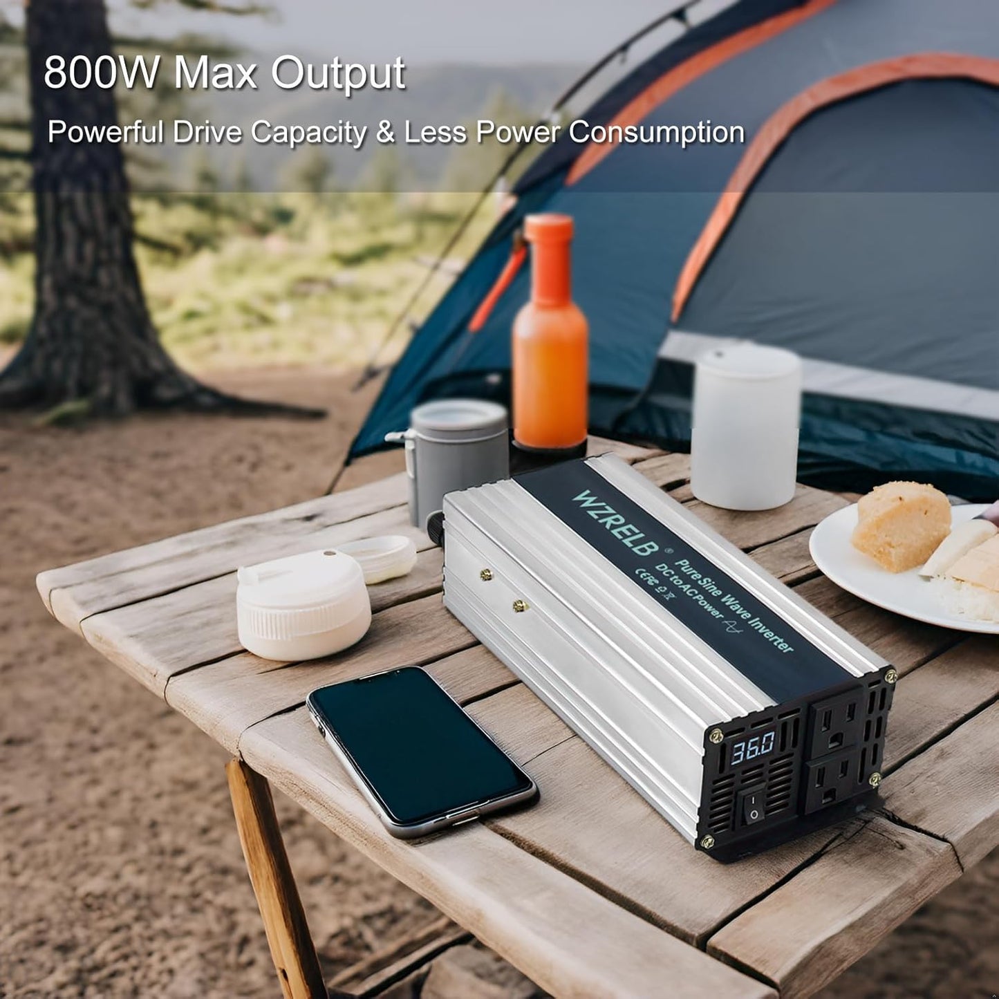 WZRELB 800W Pure Sine Wave Inverter 12V DC to 110V 120V AC,Car Power Inverter with Dual AC Outlets, LED Display,Off-Grid Portable Power Converter for Home, RV, Truck, Camping