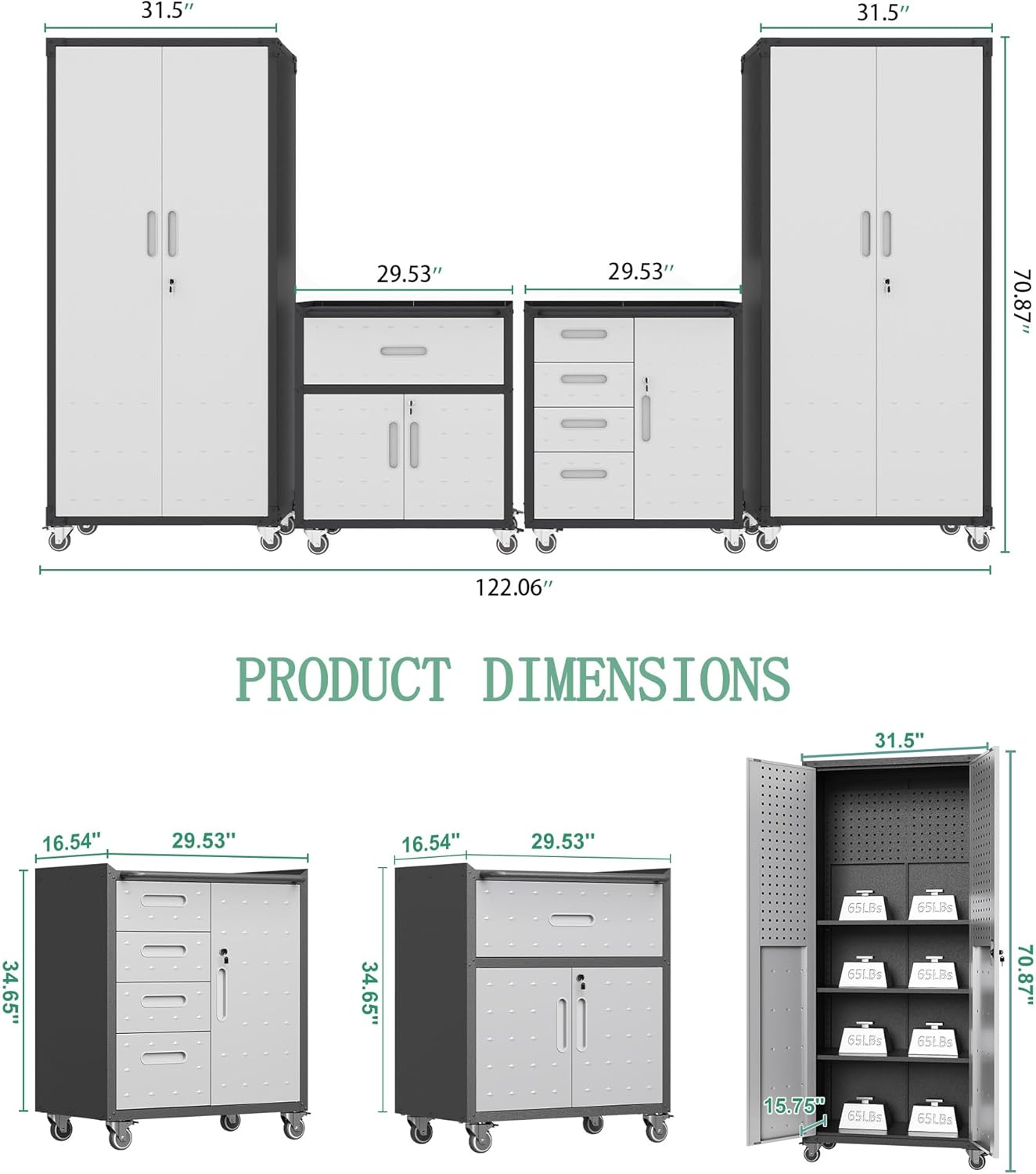 Metal Tool Cabinet,Garage Storage Cabinet System,Wall Cabinet & Locking Rolling Tool Cabinet with Doors and Adjustable Shelves,Steel Tool Cabinets for Home,Office (4 Pcs-StyleB, Black & Grey)