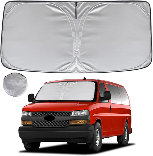KAYZT Windshield Sun Shade for 1996-2025 2026 Che-vrolet/Chevy Express Cargo Van 1500, 3500, 4500, LS, LT Foldable Sunshade Front Window Custom Fit Car Accessories