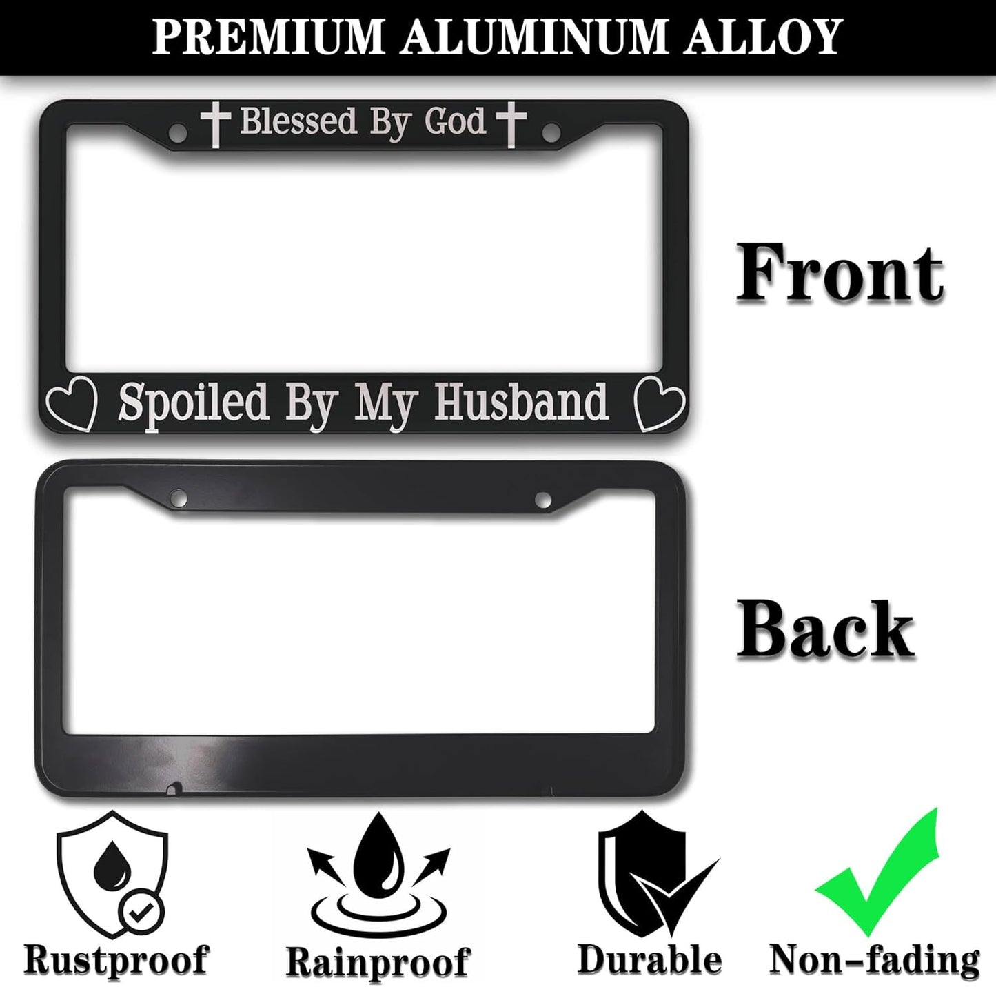 License Plate Frames Black and White Front License Plate Bracket Blessed by God Spoiled by My Husband Aluminum Metal Car Accessory 2 Pack with Screw Covers Set