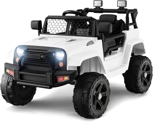 OLAKIDS Kids Ride On Truck, 12V Electric Vehicle Jeep Car with Remote Control, Toddlers Battery Powered Toy with 2 Speeds, Spring Suspension, Double Open Doors, LED Lights, Music, TF, USB, Mp3 (White)