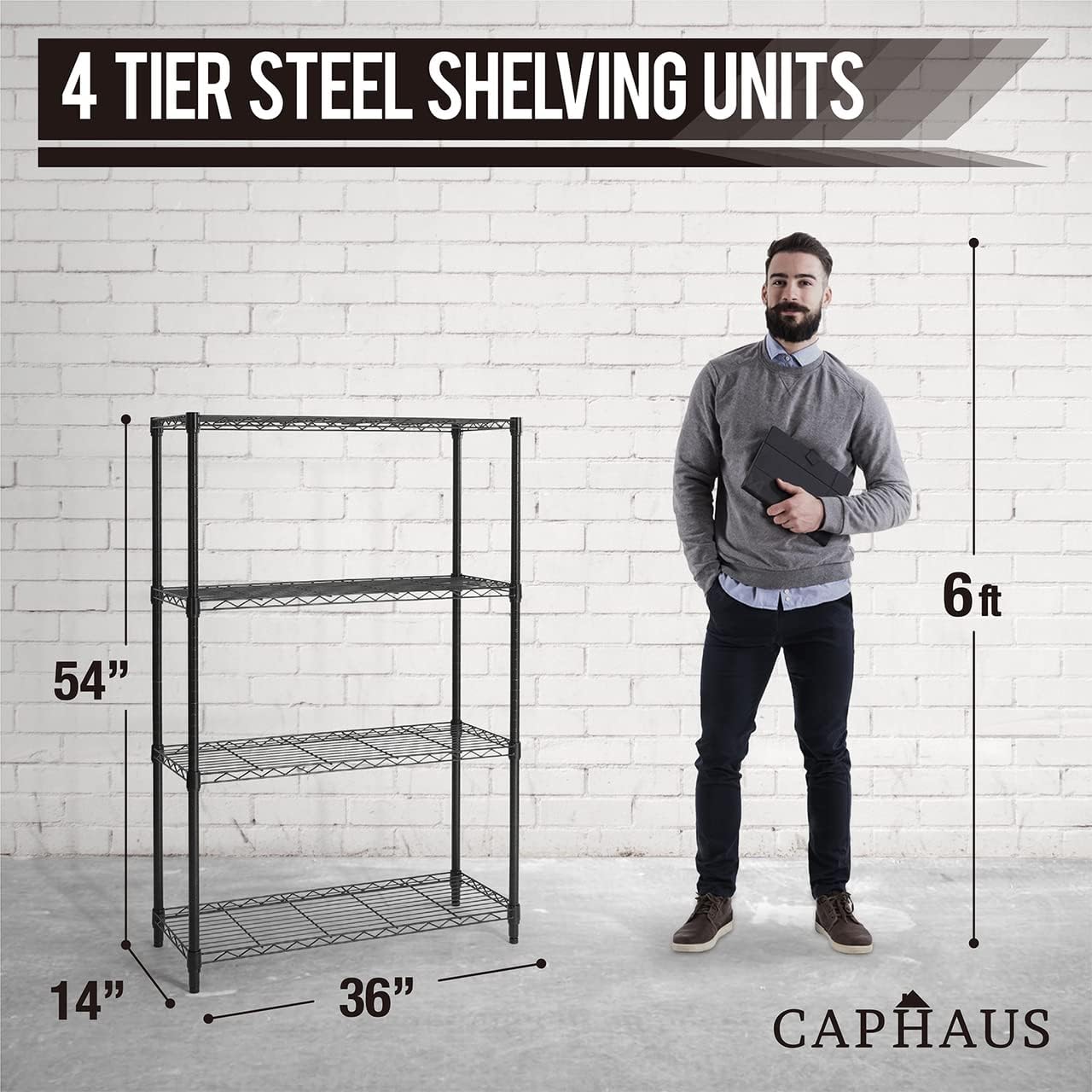 CAPHAUS 4-Tier Adjustable Height Wire Shelving Unit, Wire Rack Shelving, Metal Steel Storage Shelves, Garage Shelving Storage Organizer, Utility Storage Shelf, Without Wheels, Black