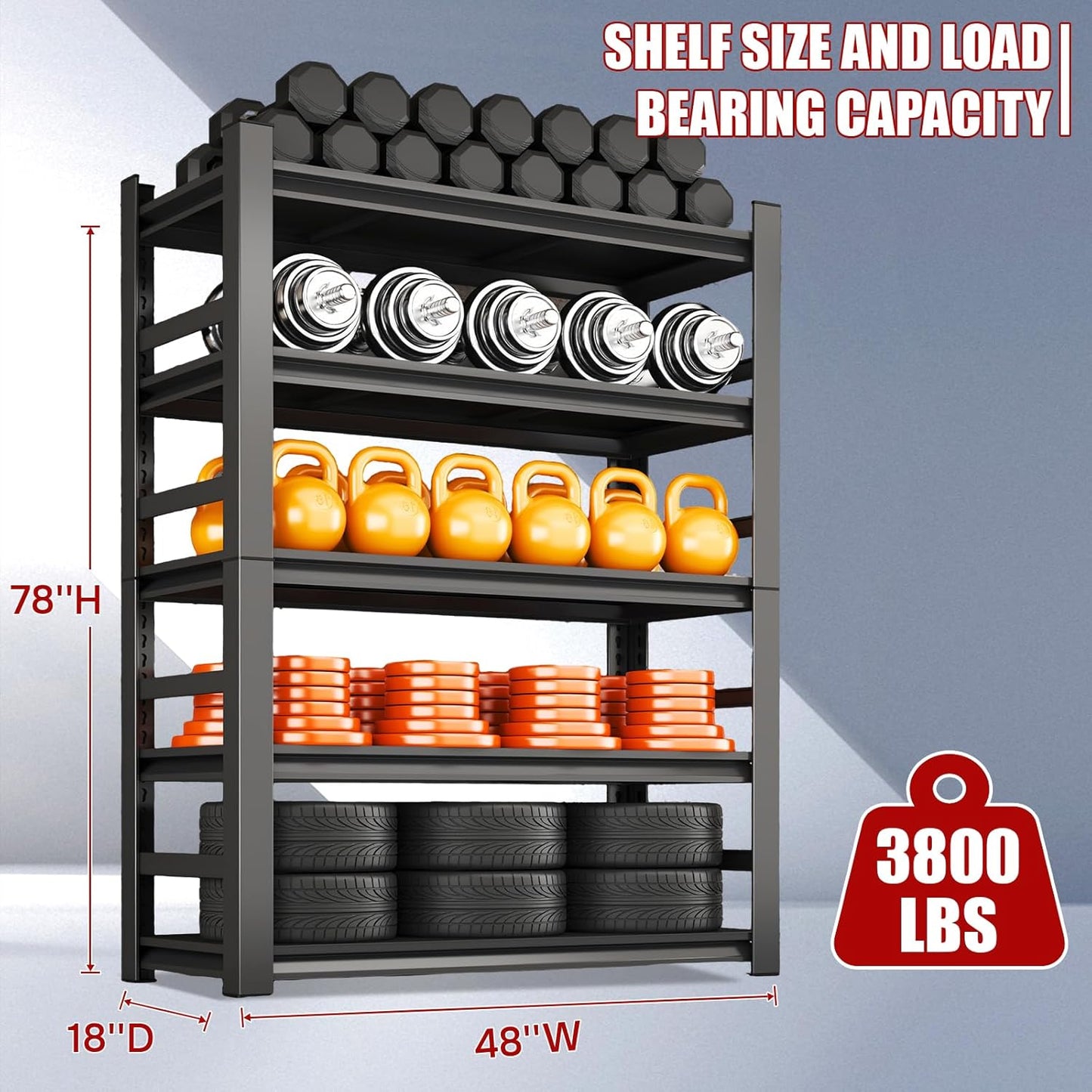 48" W,Heavy Duty 5-Tier Steel Garage Shelving Unit | 3800LB Capacity| Garage & Basement Storage | Industrial-Grade Metal Shelving for Warehouses & Workshops | Adjustable, Rust-Resistant, Black