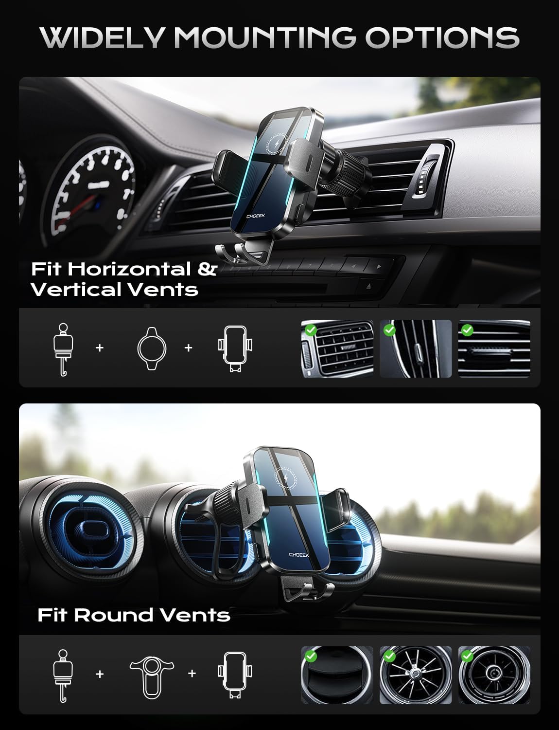 CHGeek 15W Wireless Car Charger – Auto-Clamping Qi Fast Charging Vent Mount with LED Light; Compatible with iPhone 13-16 & Samsung S22-S24 (Light Black)