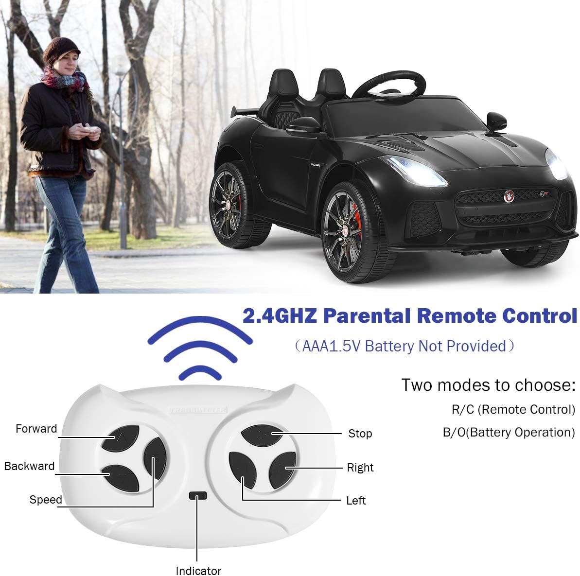 Costzon Ride on Car, 12V Licensed Jaguar F-Type SVR Battery Powered Kids' Electric Vehicles w/Remote Control, Front/Rear Lights, MP3/Music/3 Speeds/Spring Suspension, Kids Car Toy for Toddler (Black)