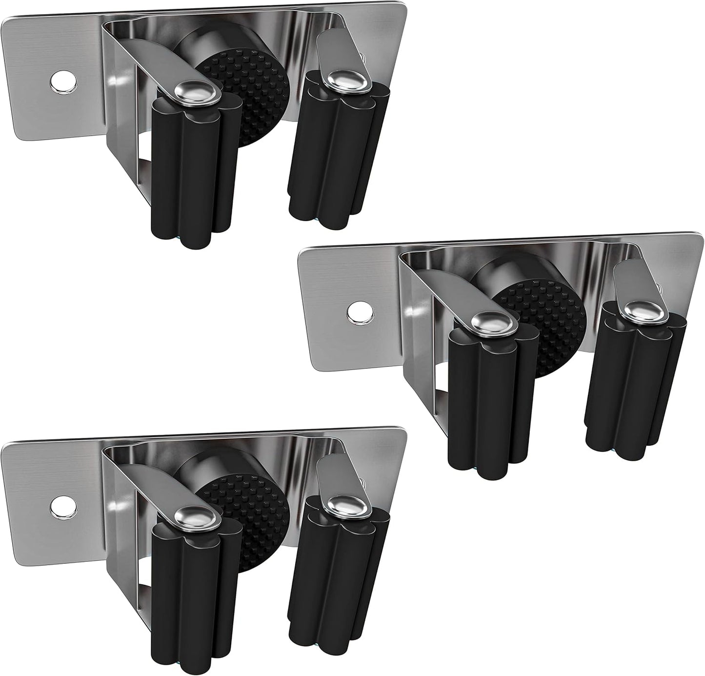 Self Adhesive Broom and Mop Holder Wall Mounted – SUS304 Stainless Steel 2-Slot Organizer with Anti-Slip Rubber Grips, 25lb Load, Adjustable for 0.6–1.4" Handles, Garage Kitchen Bathroom Use, 3 Pcs