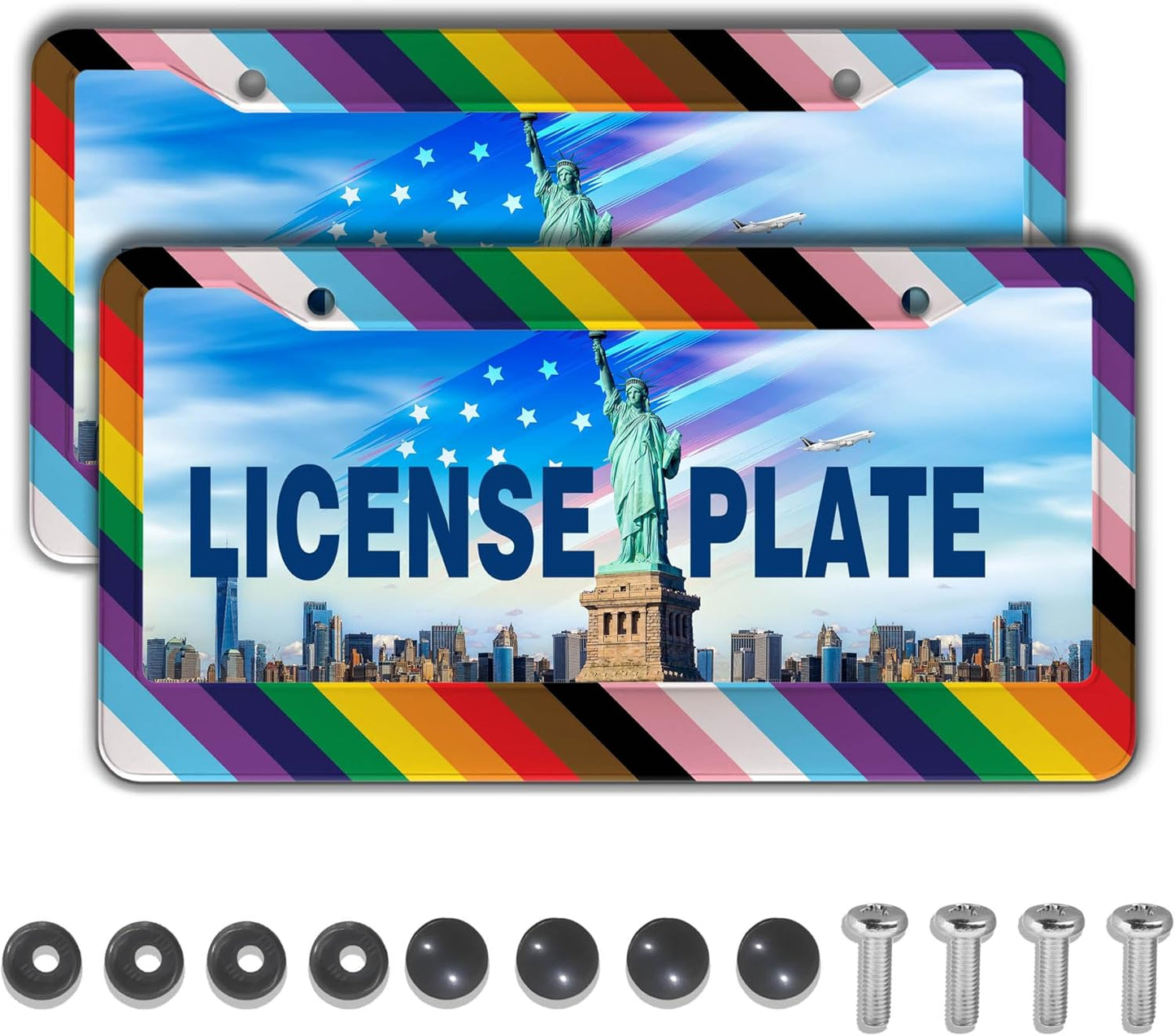 License Plate Frames Rainbow Front License Plate Bracket Rainbow Pride Flag Universal Aluminum Car Accessory 2 Pack with Screw Covers Set
