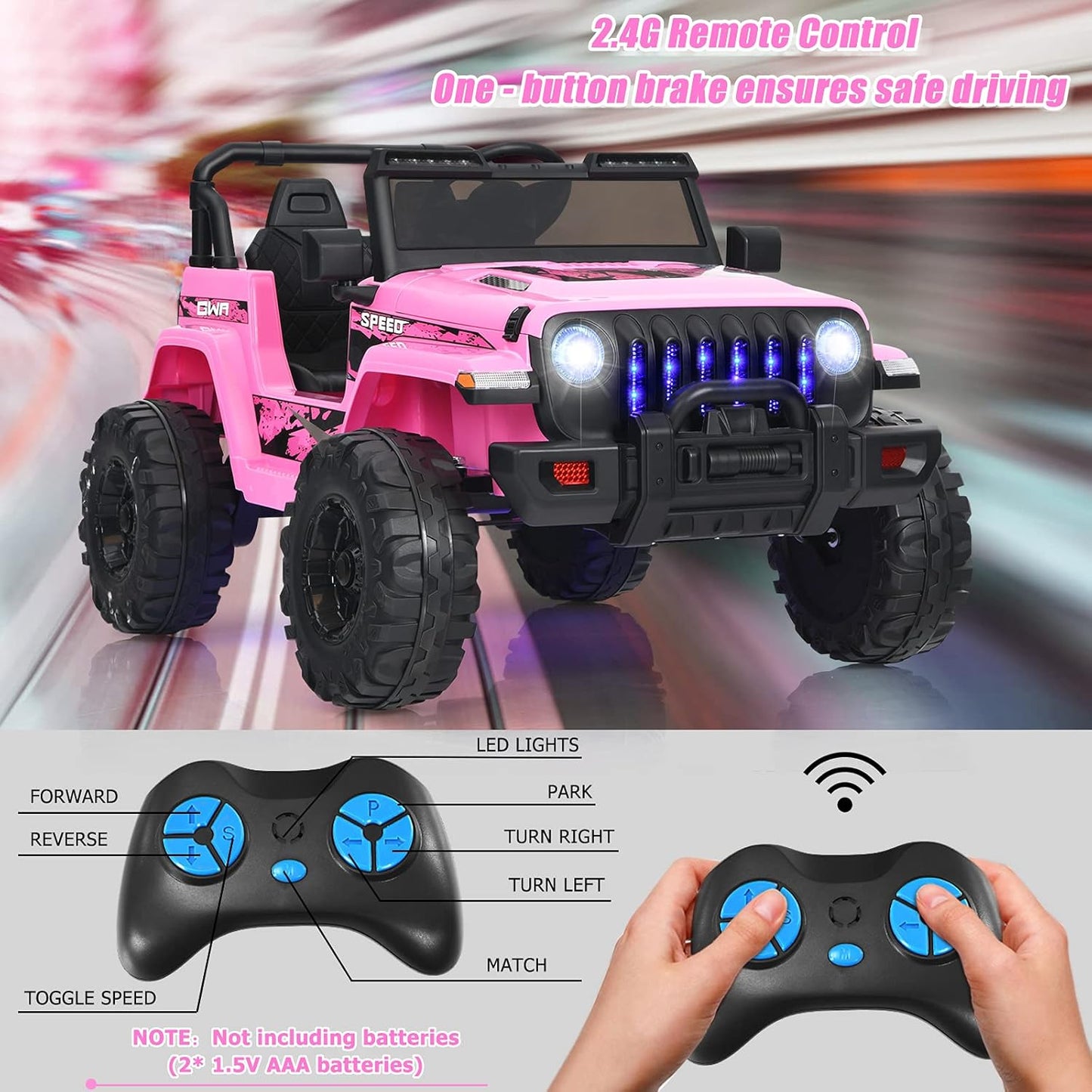 INFANS Ride on Car Truck with 2.4G Remote Control, 12V Battery Powered Electric Cars for Kids w/3 Speeds, Battery Display, LED Lights, Safety Belt, Music & Horn, Bluetooth/FM/USB (Pink)