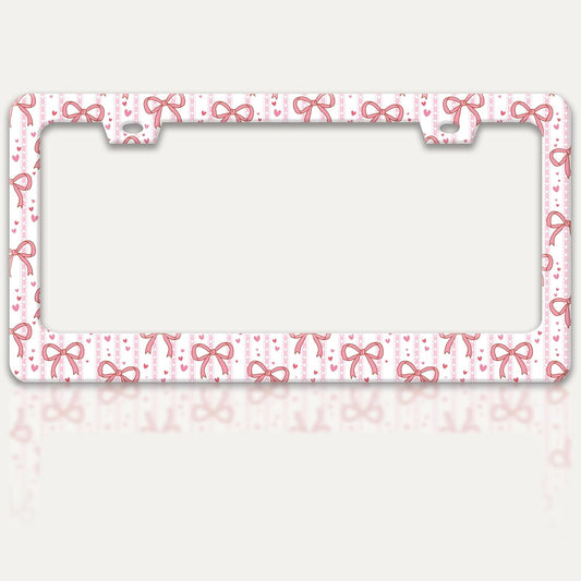 Pink Bow License Plate Frame Cute Bow License Plate Holders Funny Stainless Steel Auto Accessory Bracket 2 Hole with Screws Universal Us Car License Plate Frames 6x12 Inch for Women Men