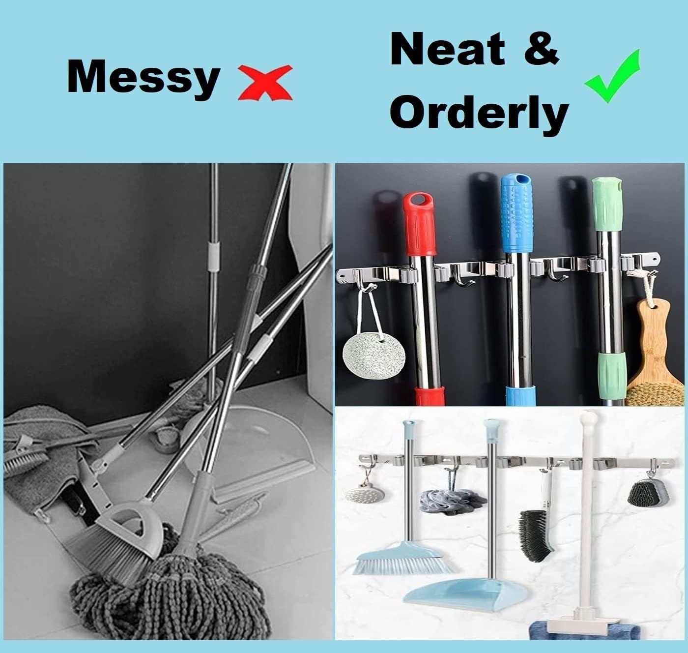 Mop Broom Holder Wall Mount Heavy Duty Adhesive Tools Organizer Rack Stainless Steel with 4 Positions 5 Hooks for Utility Room, Garage, Laundry, Garden, Kitchen, Bathroom, Toilet and Office