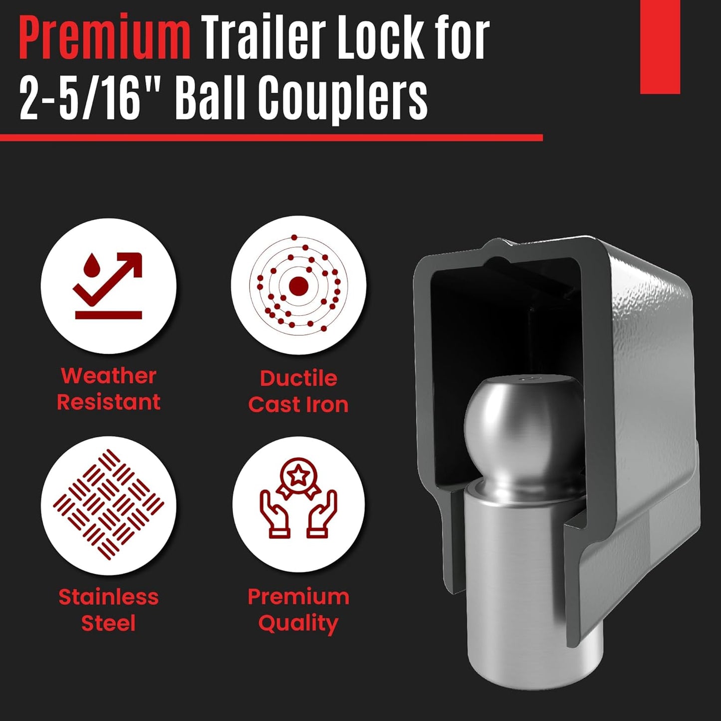 AMPLock - U-BRU2516 2 5/16" Heavy Duty Ball Coupler Lock - Square Edge Design - Patented Boat Travel Trailer Hitch Locks, 2-Parts Anti Theft Trailer Hitch Lock, RV Accessories, Push & Locking System