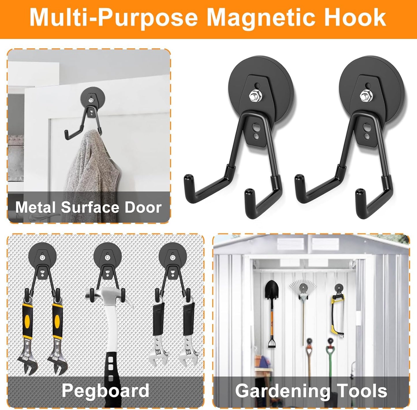 ENUODA Strong Magnetic Hooks Heavy Duty Magnet Garage Hooks for Cruise Magnet Tool Holder for Hanging Garden Tools, Cabinet, Van, Pegbaord, Kitchen, Outdoor, 2 Pack