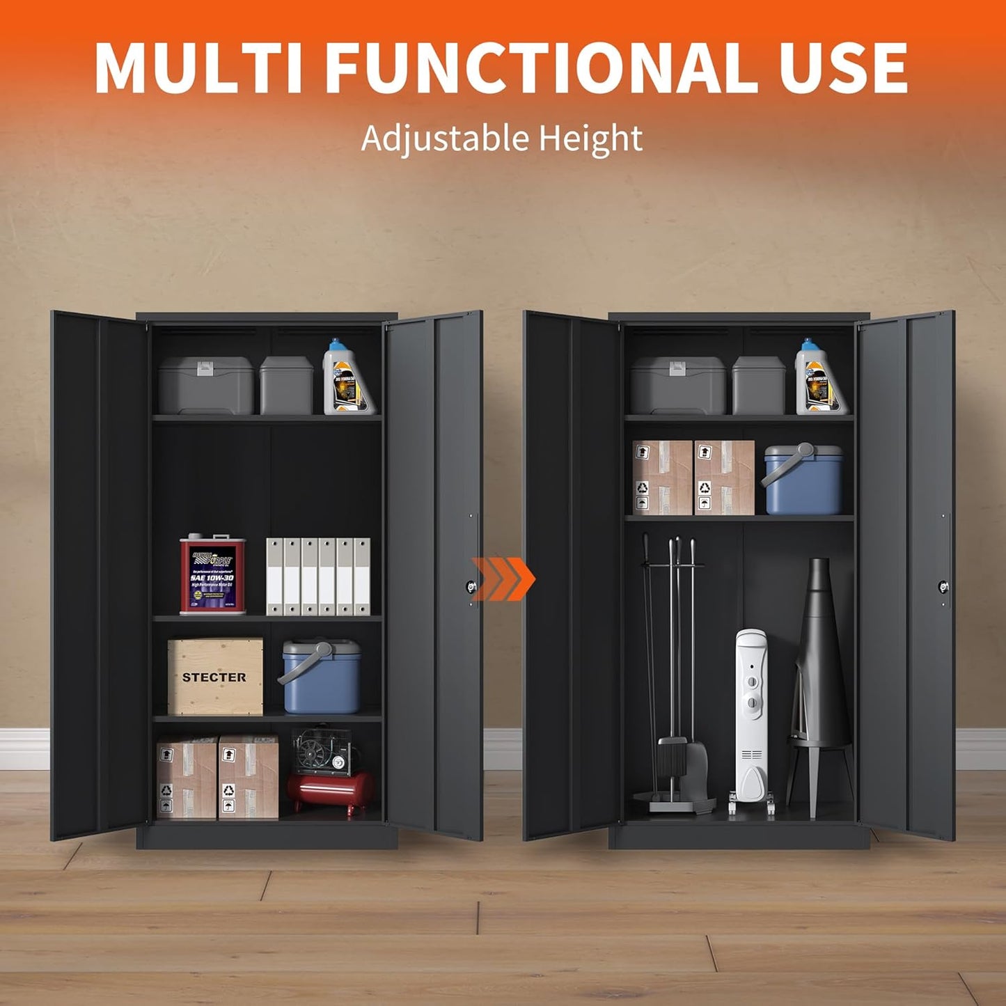 Metal Storage Cabinet with Adjustable Shelves, Garage Tool Cabinet with 2 Lockable Doors for Office, Home, Garage, Require Assembly, Black