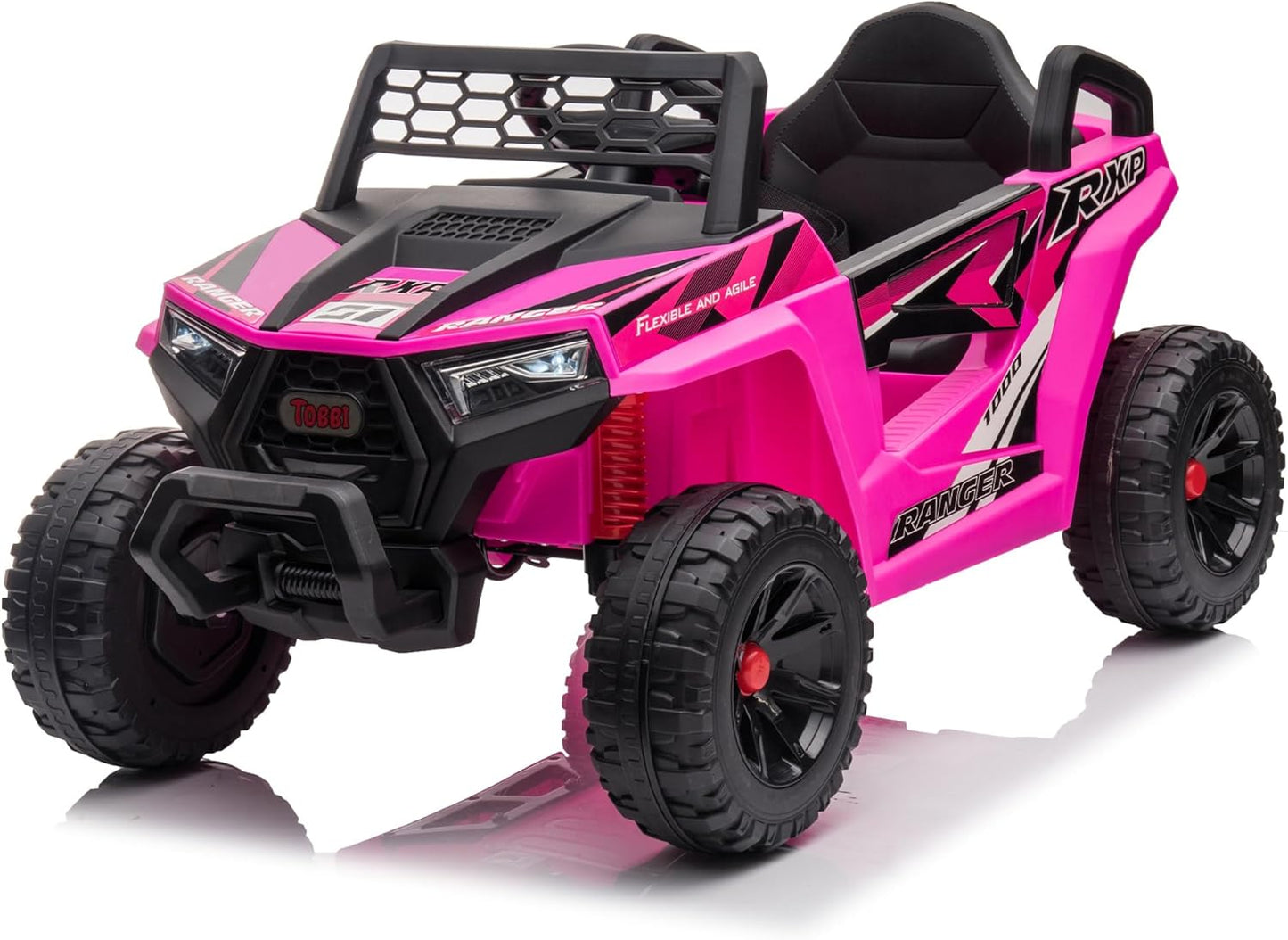 TOBBI 12V Kids Ride on Car, Electric Off-Road UTV Truck with Diverse Functions, Double Open Doors, Safety Belt, Horn, Music, and Lights for Kids Aged 3-5 Years (Rose Red)