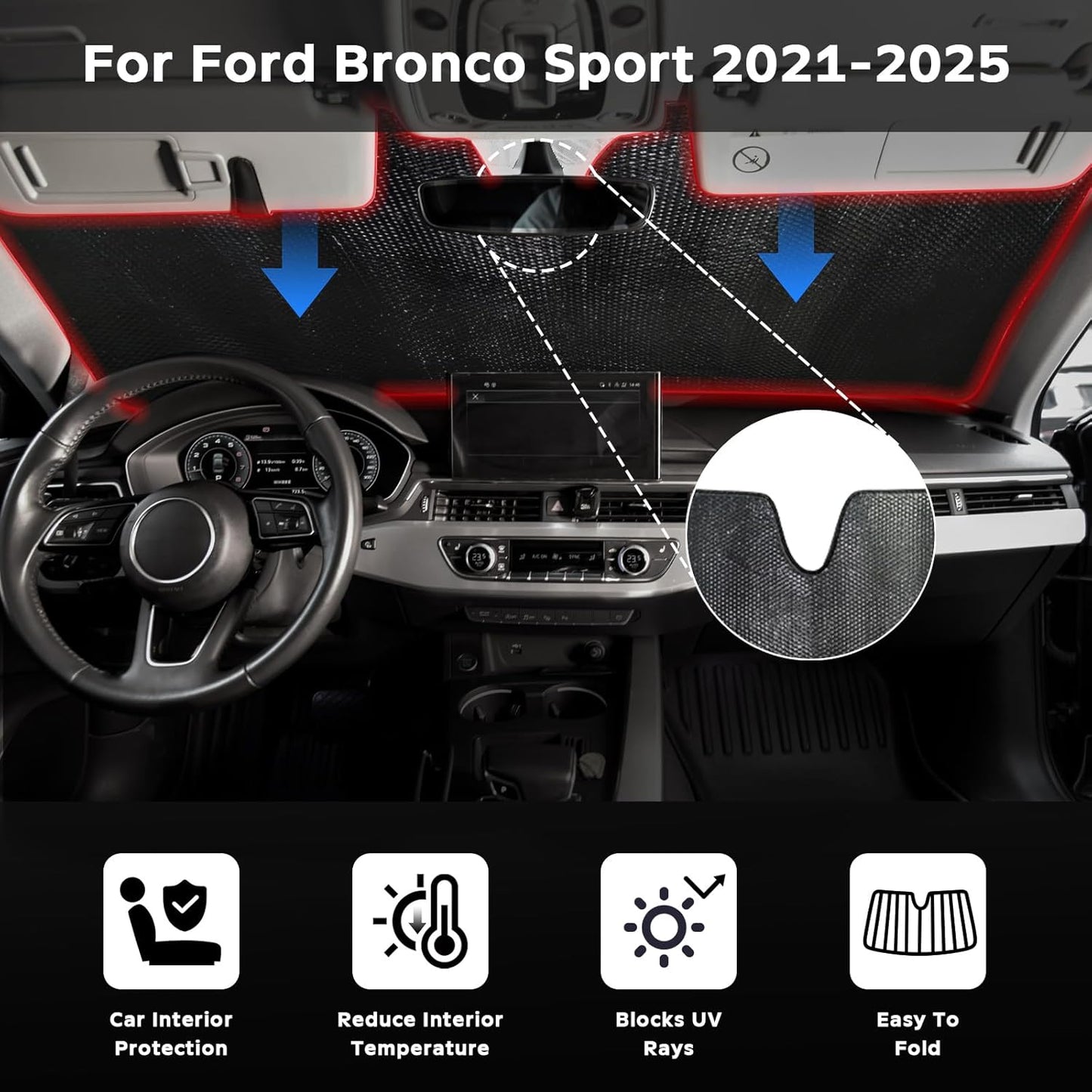 Windshield Sun Shade for Ford Bronco Sport 2021-2025 - 5-Layer Bubble Foldable Front Window Shade Sun Visor Accessories - Blocks Heat & UV Rays (Only Fit Bronco Sport)