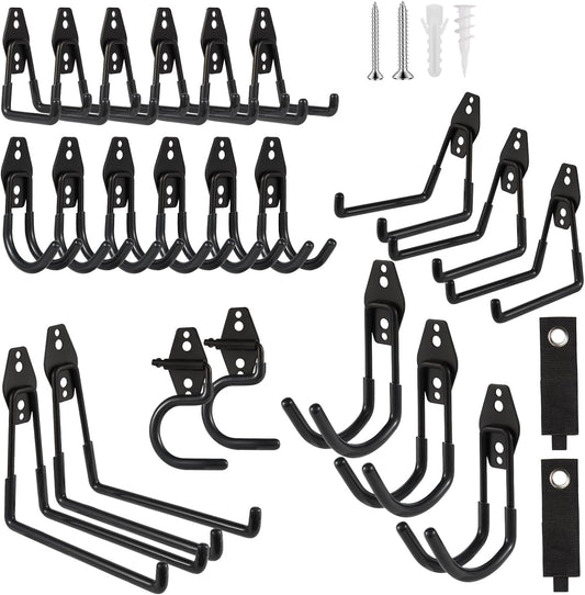 Garage Hook Heavy Duty Wall Storage Hangers, 24 Pack Garage Storage Hooks Steel Tool Black for Ladders, Ropes, Garden Tools