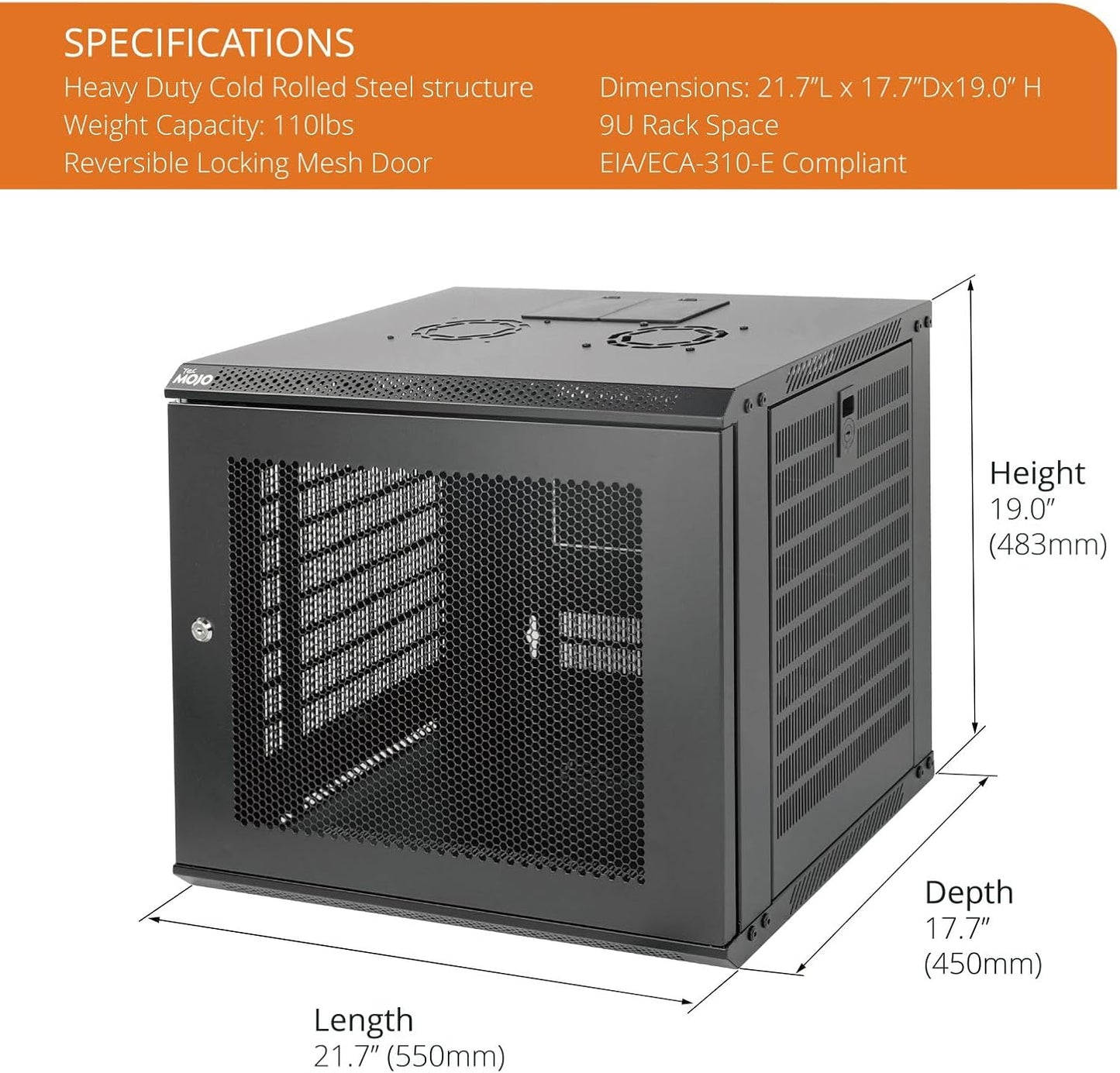 Tecmojo 9U Wall Mount Rack Network Cabinet for 19" IT Equipment,with Lockable Mesh Door and Side Panels,Cooling Fan,17.7inch Depth,Black