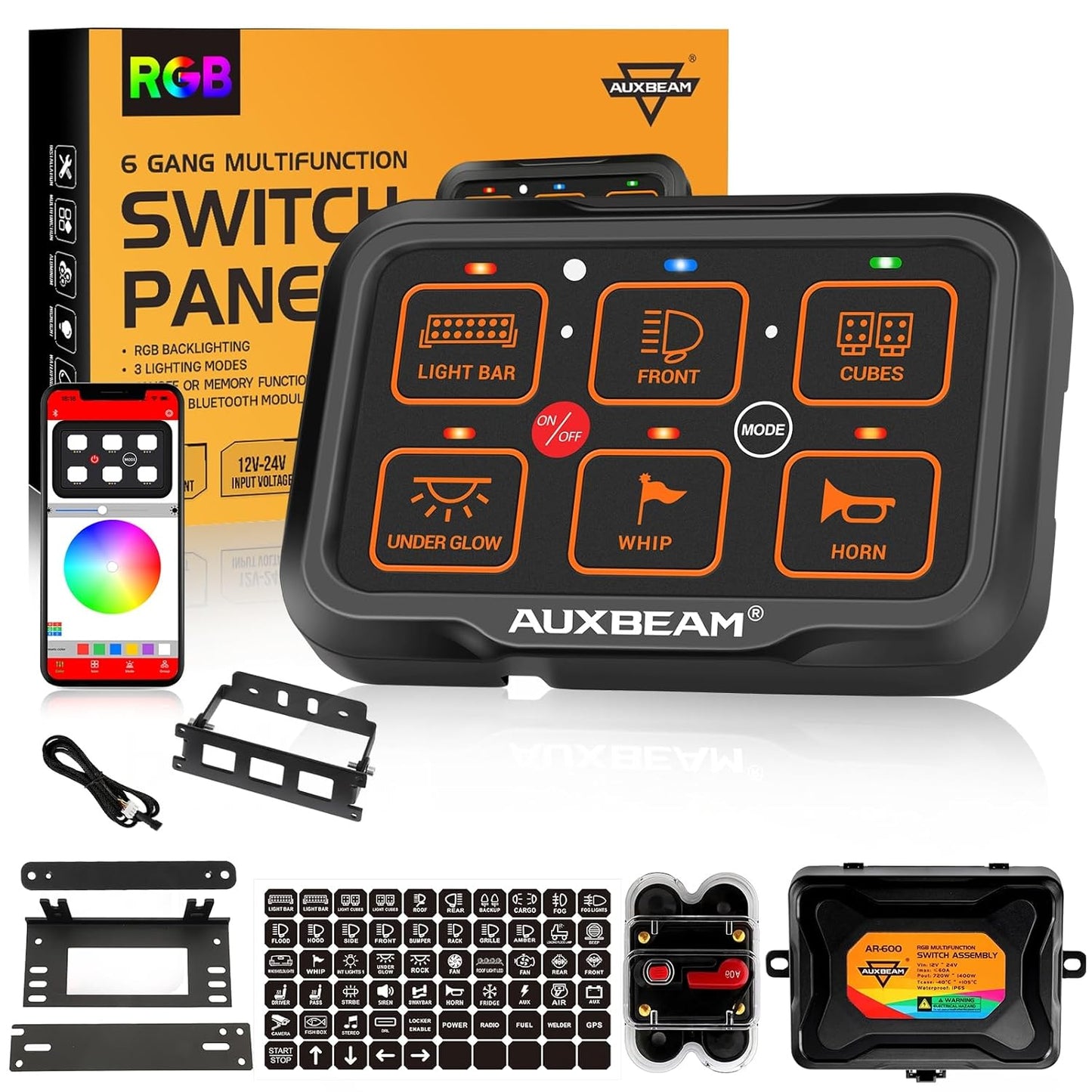 Auxbeam 6 Gang Switch Panel Bluetooth AR-600 RGB Large Button Auxiliary Switch w/Toggle Momentary Pulsed Switch Pod Backlit Off Waterproof 12-24V Panel Pod for UTV Boat Truck RV 2 Years Warranty