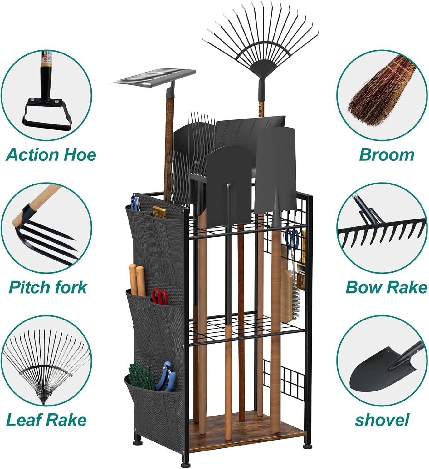 YBING Garden Tool Organizer, Yard Tool Stand with Side Storage Pockets, Yard Tower Rack for Garage Storage, Freestanding Tools Organizers and Storage for Shed, Brown