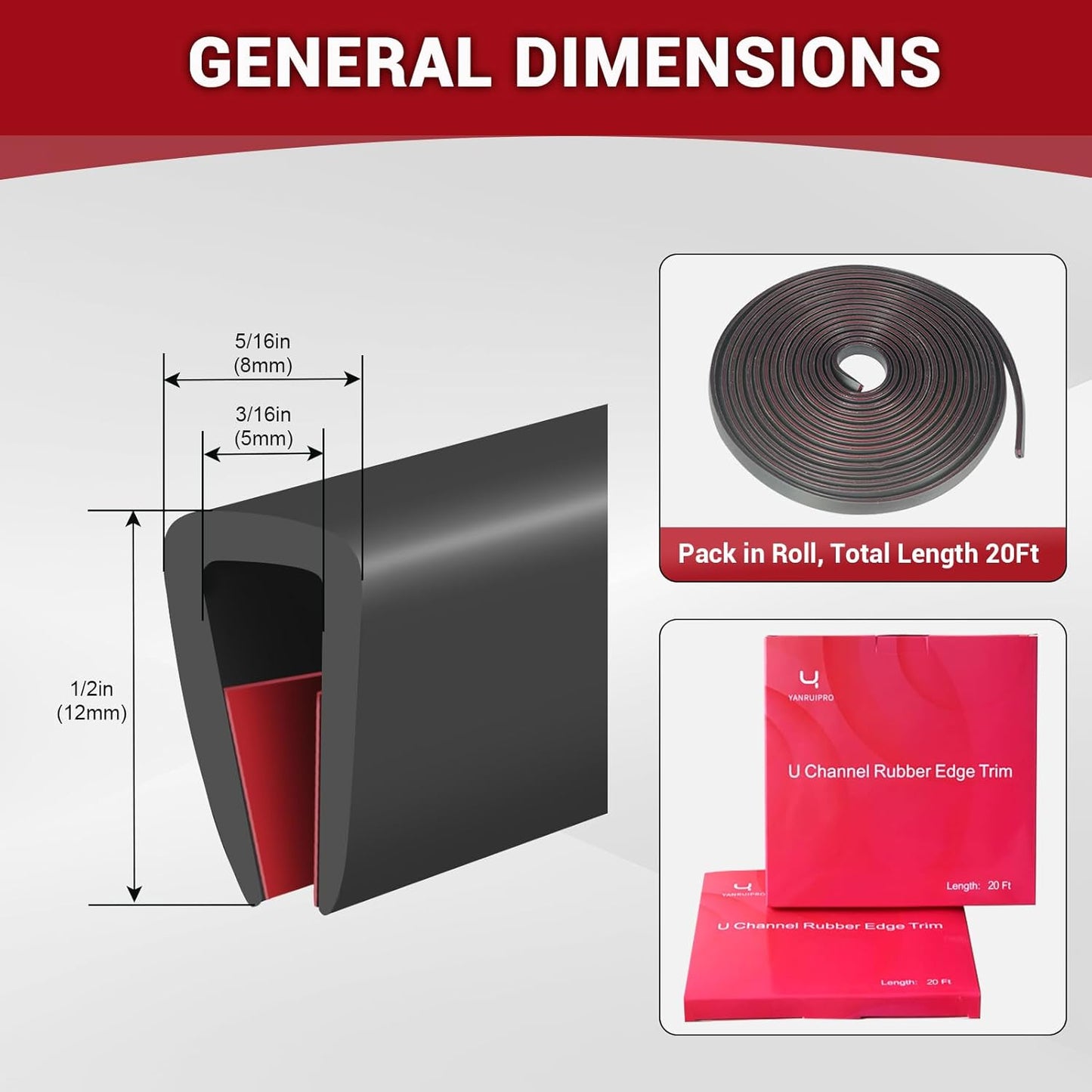 Rubber Edge Trim, 3/16" Self Adhesive Flexible U Channel Edge Protecter for Glass, Flexiglass and Plywood, Fit for 5/32"-7/32" Width Edge, Black Color, 20Ft, EPDM Material