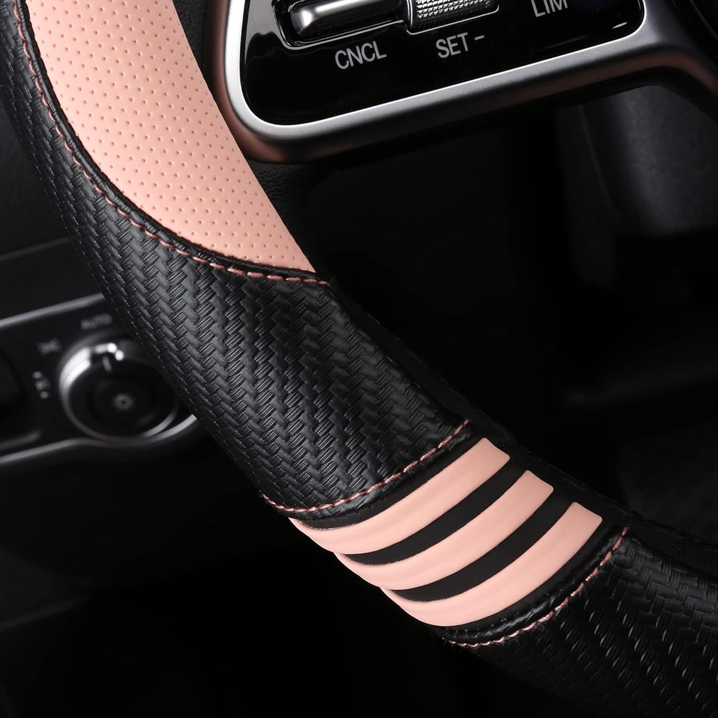 Car Steering Wheel Covers for Women Girl Padded Carbon Fiber PU Leather Cute Cartoon Auto Interior Accessories for Jeep, Truck, Universal, Anti Slip, Pink, Large Size 15.5-16"(39-41cm)