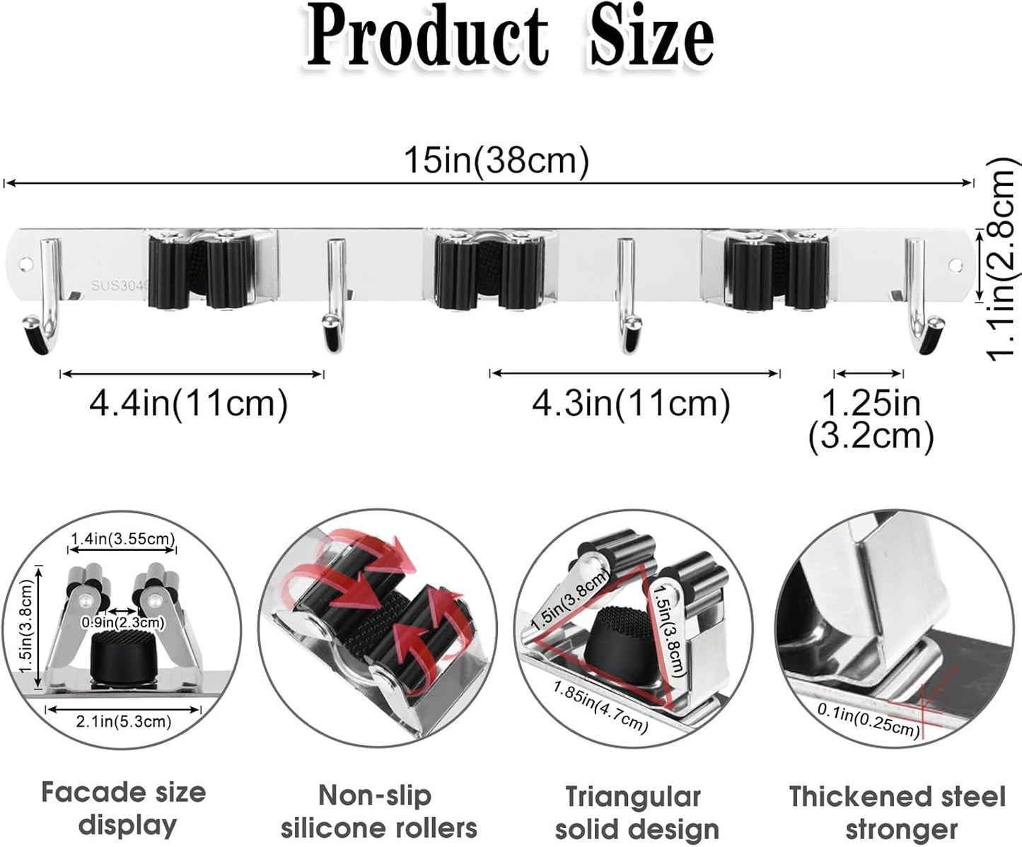 2 Pack 3 Racks and 4 Hooks Broom and Mop Holder Wall Mounted Garage Organizer Storage Tool Racks Stainless Steel Heavy Duty Hooks Self Adhesive Solid Non-slip Wall Hangers for Home Kitchen Garden