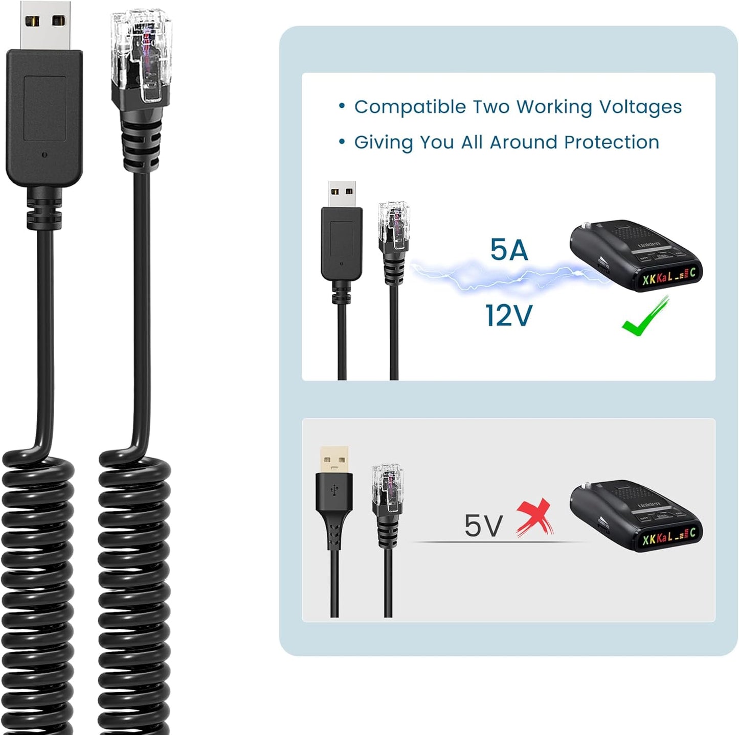 Radar Detector Cable, USB 2.0 to RJ11 Plug Cable 5V-12V Power Cord, Compatible with R3/7/1, Escort 360 Passport 9500i/7500S/8500/7500 and Other Radar detectors