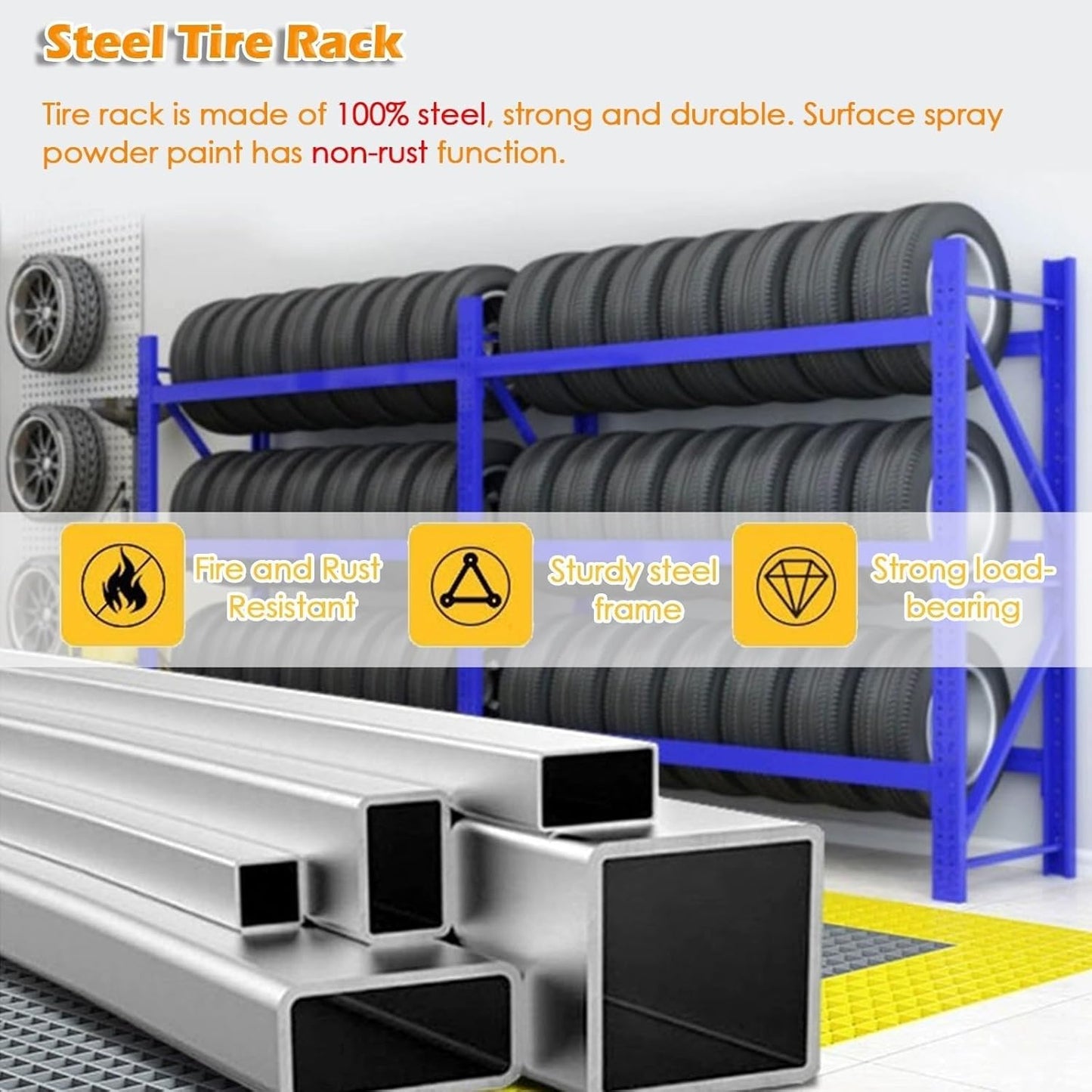 Adjustable Height Tire Storage Rack for Garage, Maximum Load 1100 lbs, Blue, 3 Tiers(78.7x19.6x78.7in)