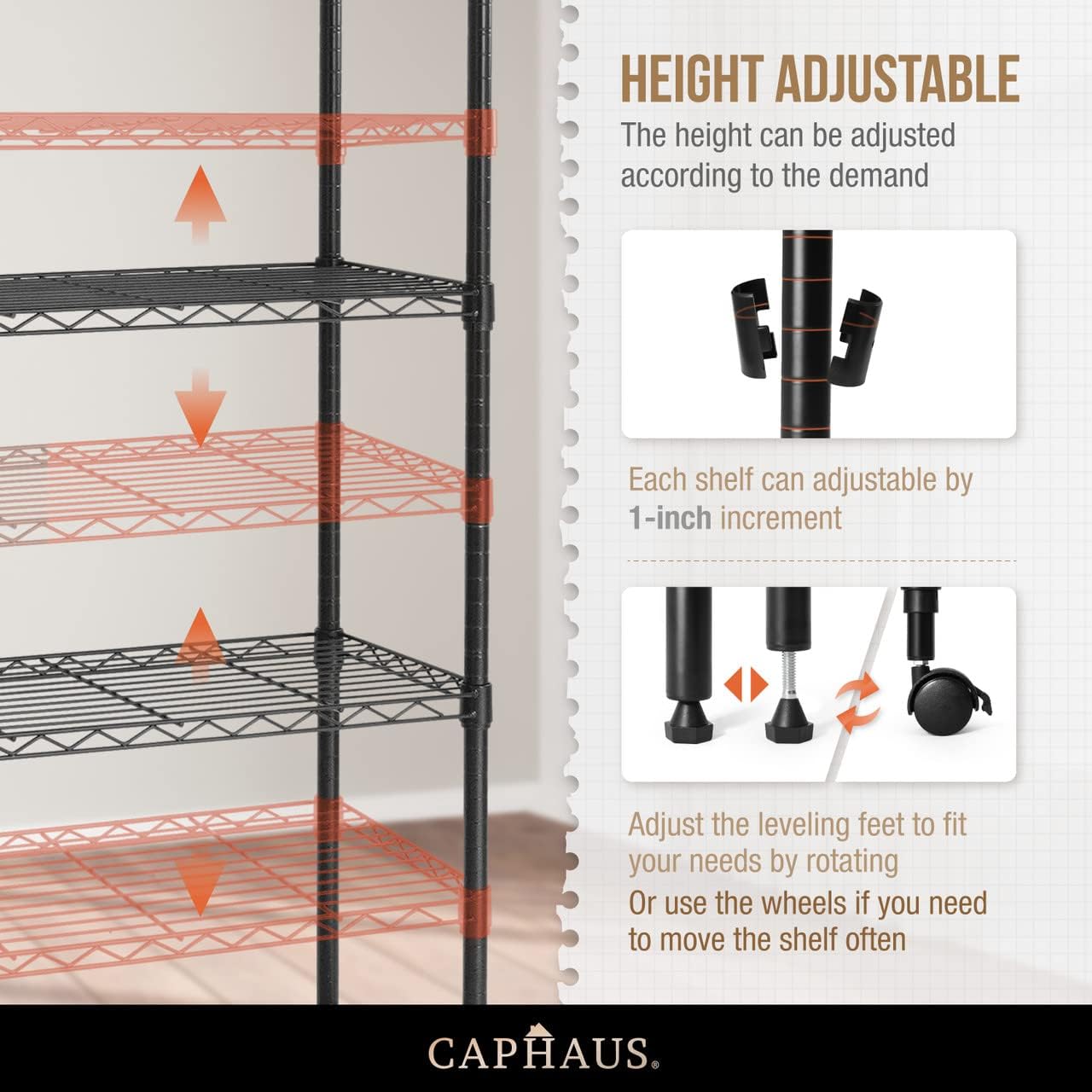 CAPHAUS NSF Adjustable Height Wire Shelving Unit w/Liner, Basement Storage Shelving, Metal Steel Storage Shelves, Garage Shelving Storage Organizer, Utility Shelf, 5-Tier W/Wheels W/Liners, Black