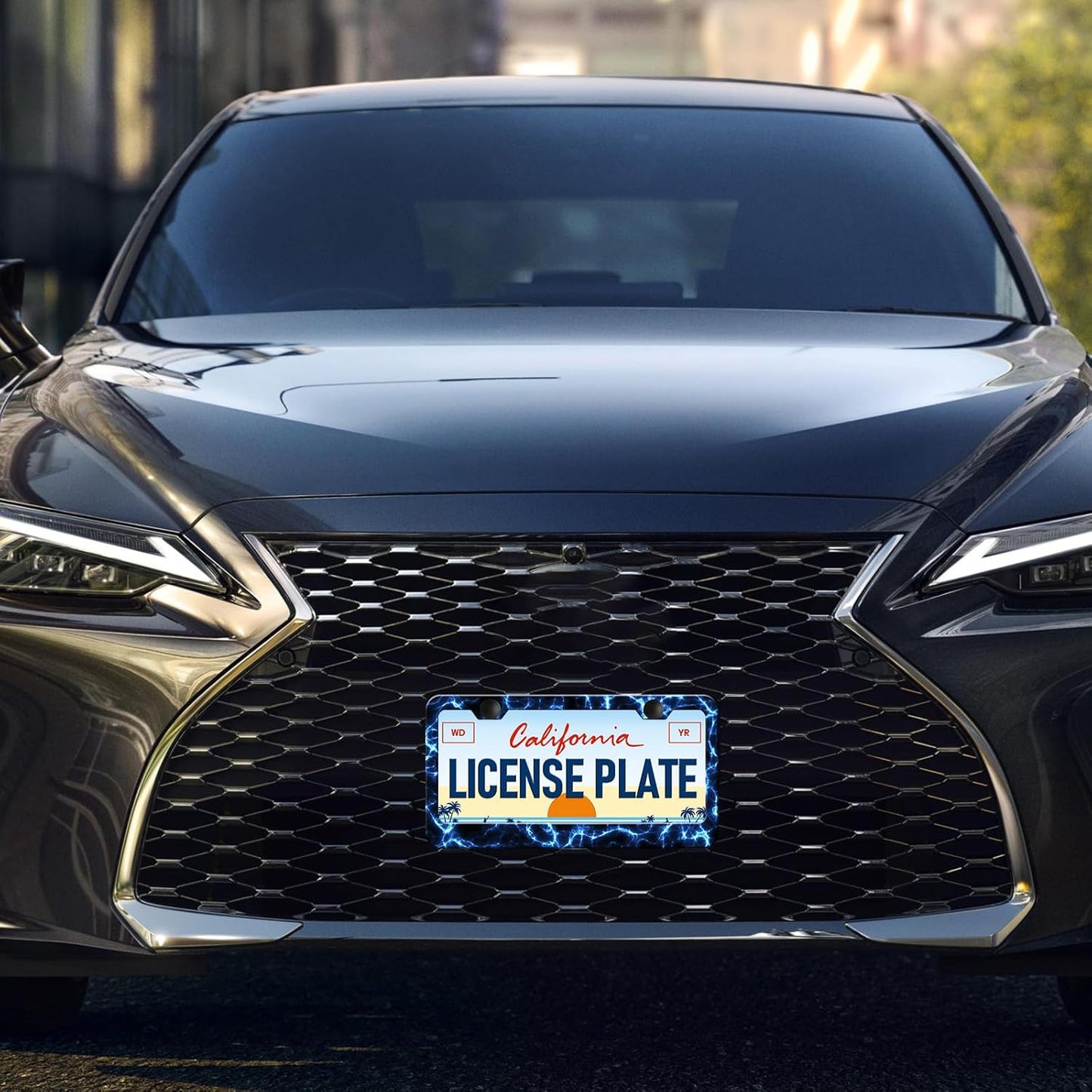 Blue Lightning License Plate Frames - 2 Pack Cool Thunder Stainless Steel License Plate Holder,Rust-Proof Waterproof Car Decorative Tag Frame with Screws Fasteners Caps