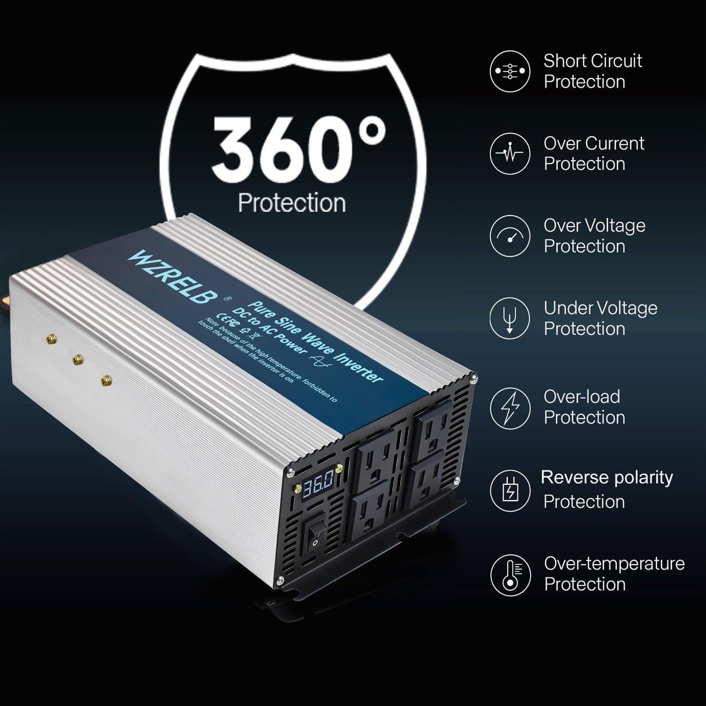 WZRELB 1800W Pure Sine Wave Inverter 36V DC to 110V 120V AC,Car Power Inverter with 4 AC Outlets, LED Display,Off-Grid Portable Power Converter for Home, RV, Truck, Camping