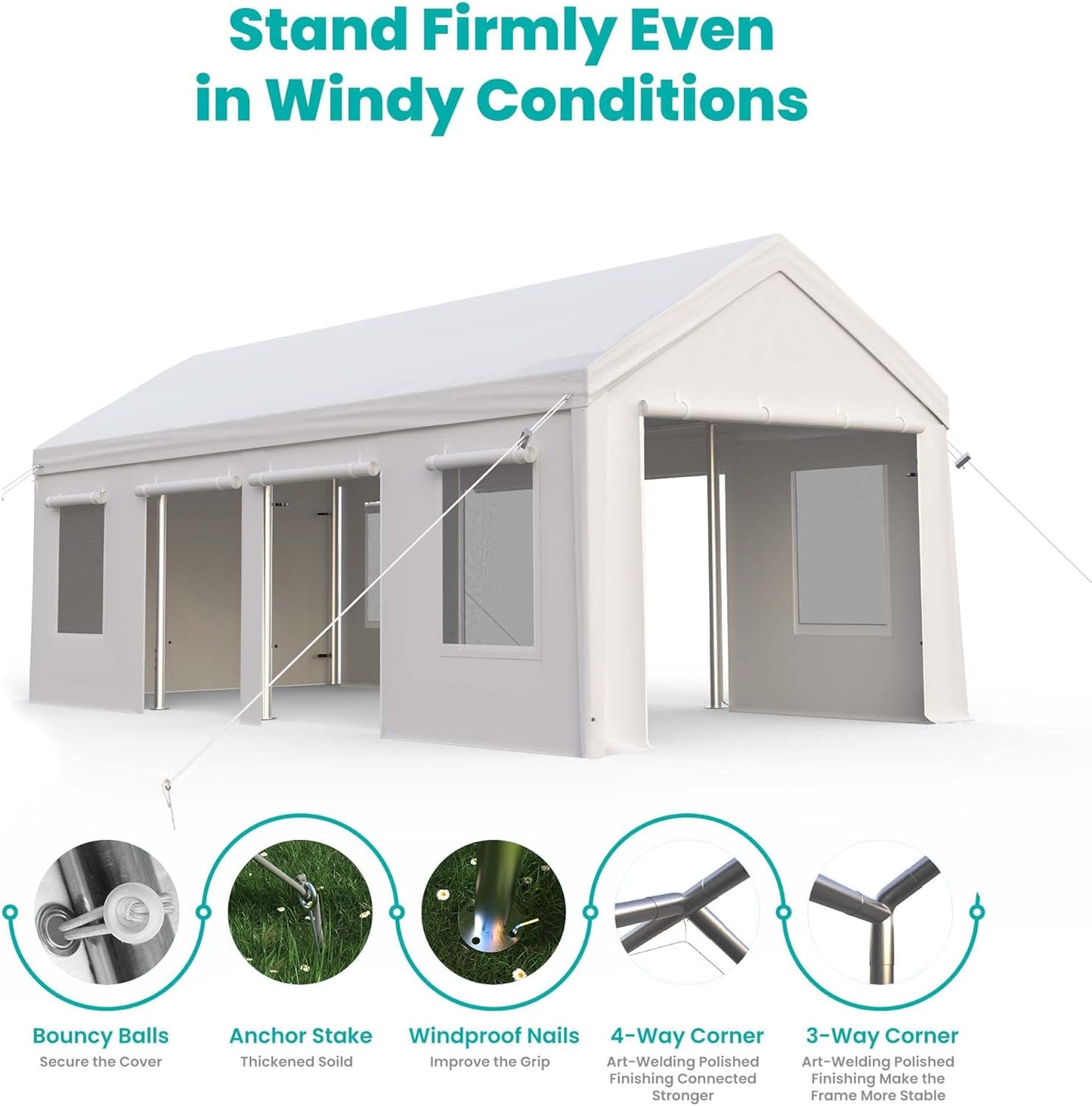 13x25ft Carport, Heavy Duty Carport with Reinforced Steel Poles, Upgraded Portable Garage with Doors & Window, UV Resistant All-Season Waterproof Tarp, for Car, Truck, Boat(White)