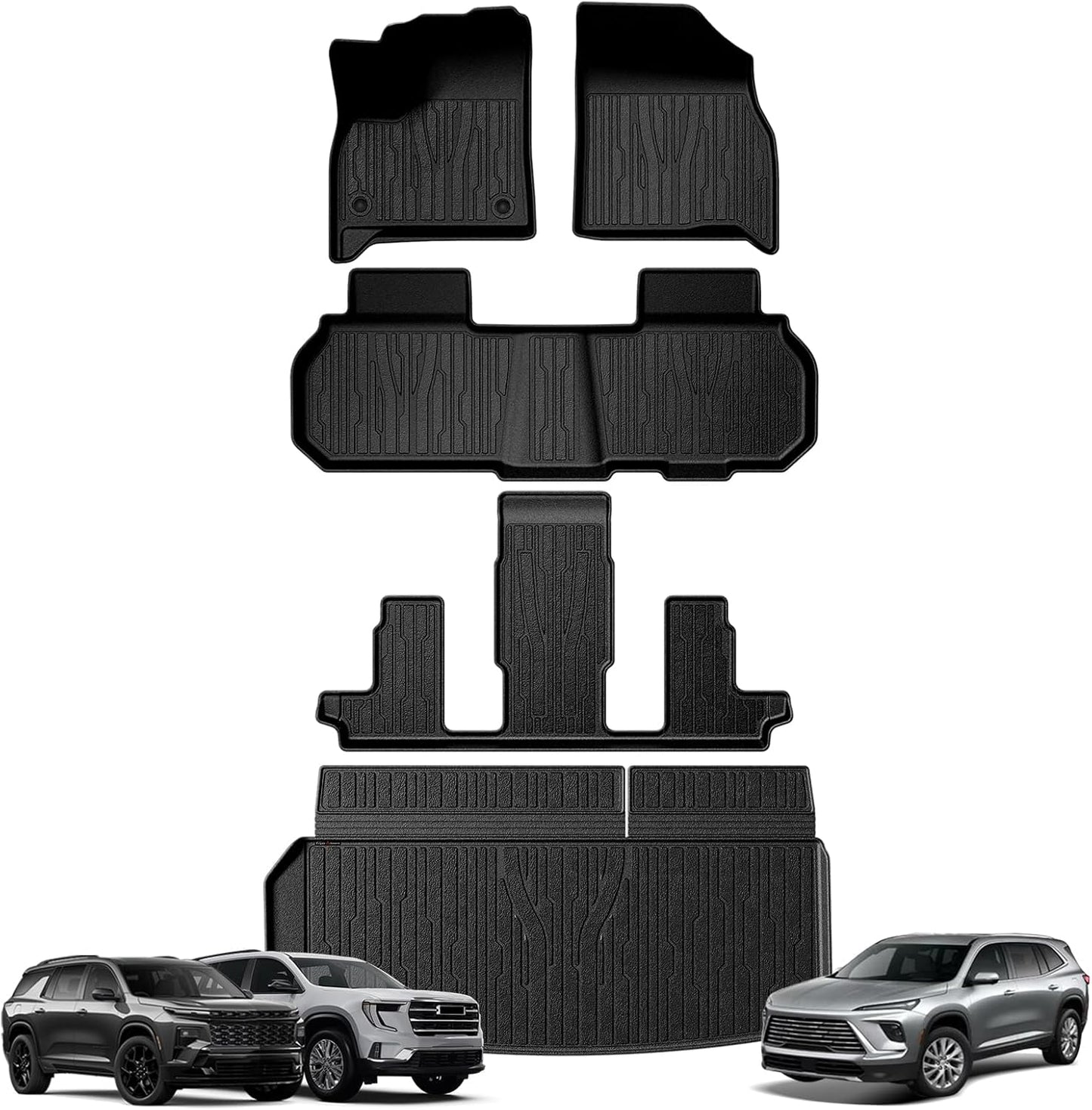 TripleAliners Floor Mats&Trunk Mat All Weather Car Liners Compatible with 2024+GMC Acadia/Chevy Traverse&2025 Buick Enclave Accessories TPE Custom Fit Full Set Liners Protection(Floor Mats+Trunk Mat)