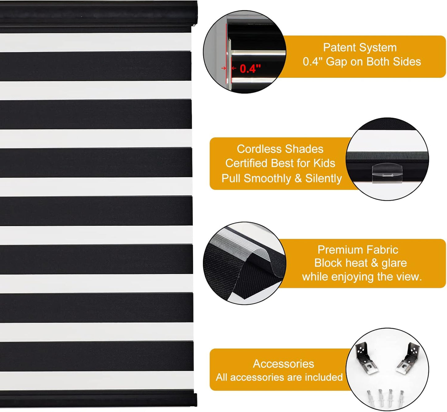 Persilux Cordless Zebra Blinds for Windows Free-Stop Roller Windows Shades (34" W X 47" H, Black) Dual Layer Light Control for Day and Night, Light Filtering Sheer Shades for Home, Easy to Install