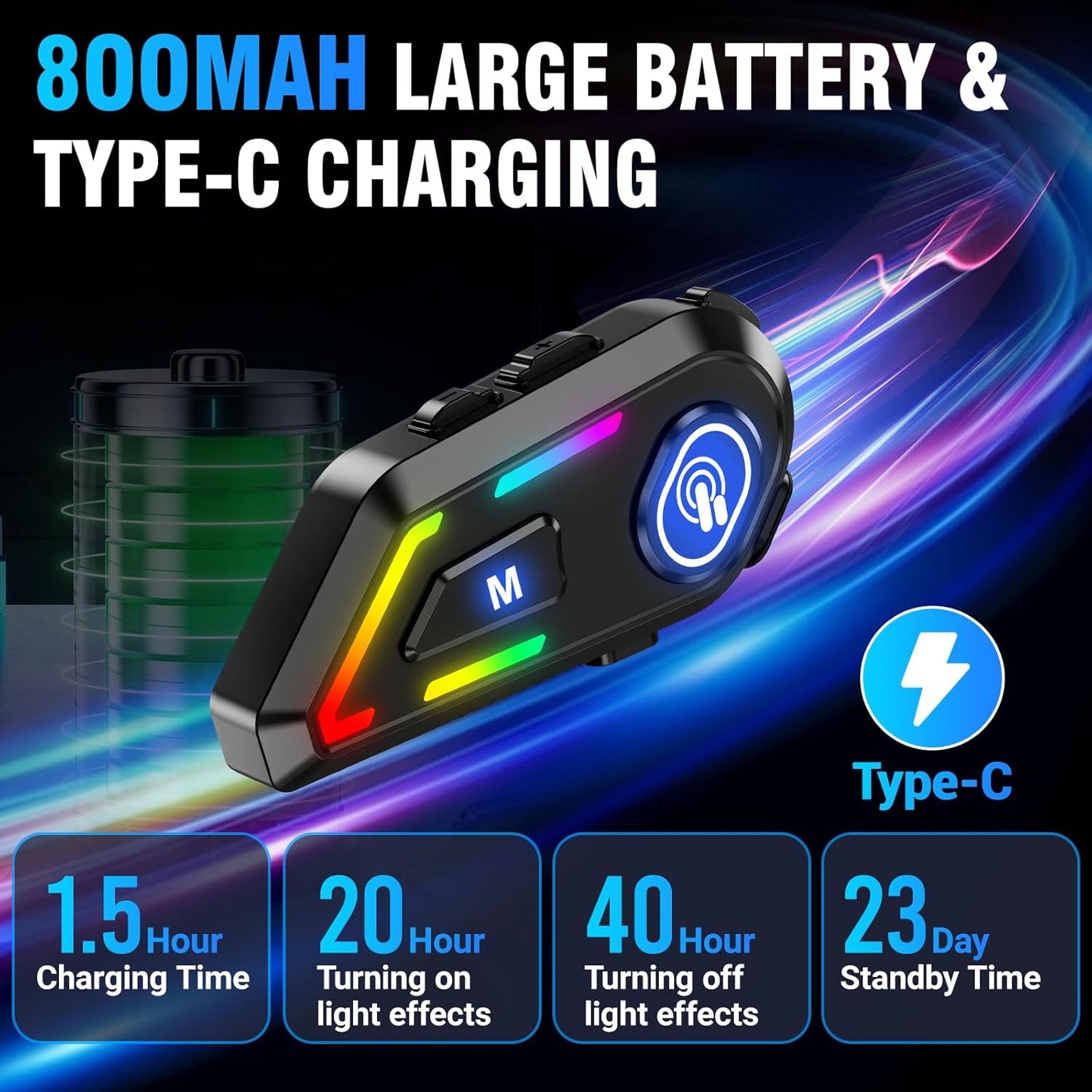 Motorcycle Helmet Bluetooth, Helmet Speakers with 2 Type Mics, Hands Free Call/Music/IPX5/Noise Cancellation/Wake Up Siri/Can Connect Two Mobile Phones, Motorcycle Bluetooth Headset C5