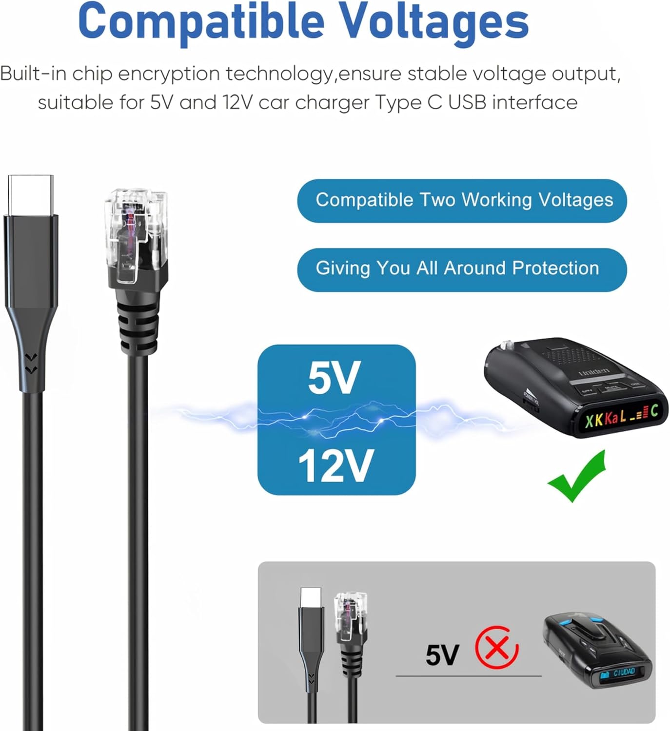 Radar Detector Cable,USB-C to RJ11 Plug Charging Kit,with Automatic Recognition and Matching Voltage Function,for Escort Max360 Unide Beltronics Cob'r'a DualPro 360 Radenso XP etc Radar Detector