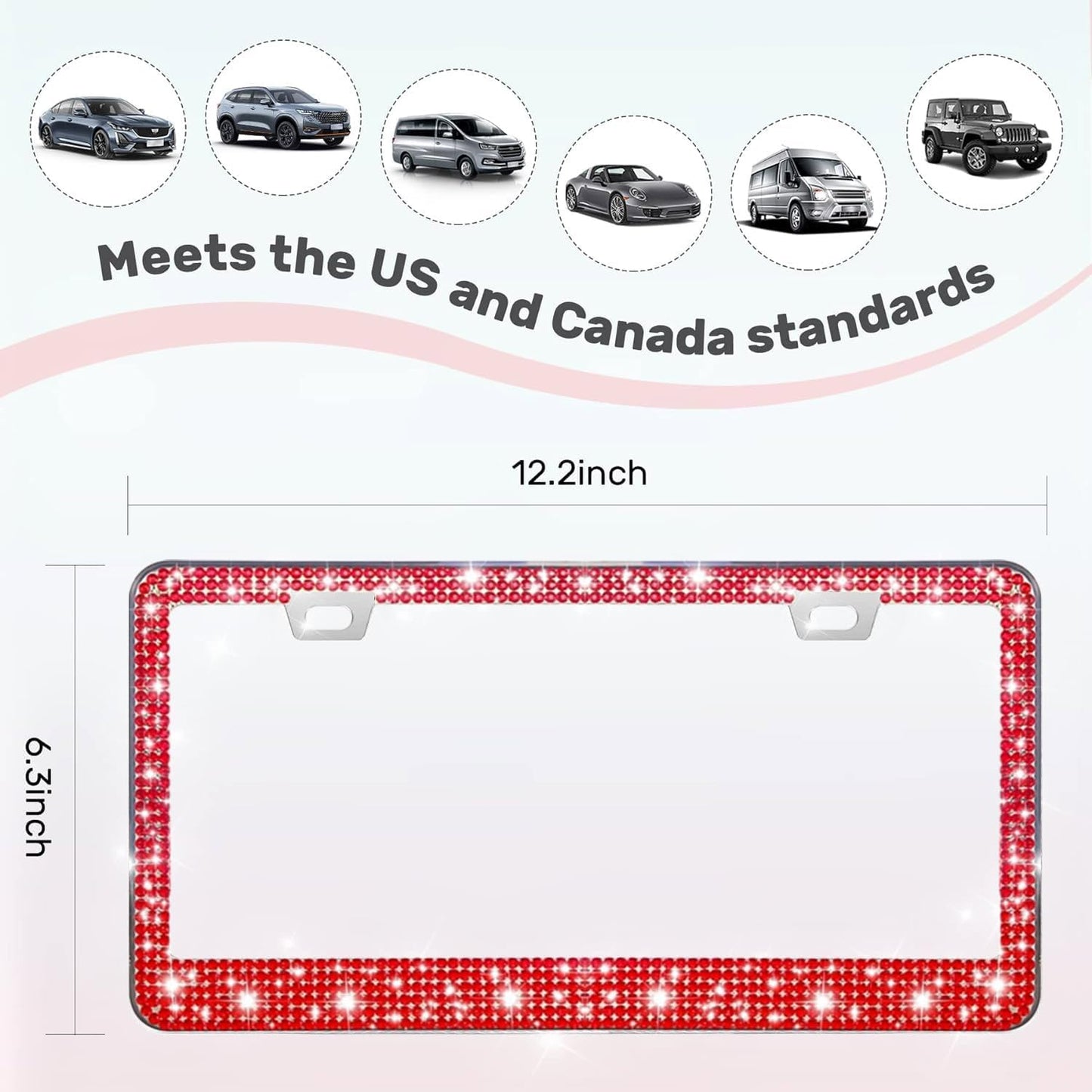 2 Pack License Plate Frames for Women, Sparkly Rhinestone Diamond Car Accessories with Glitter Crystal Caps (Red(2PCS))