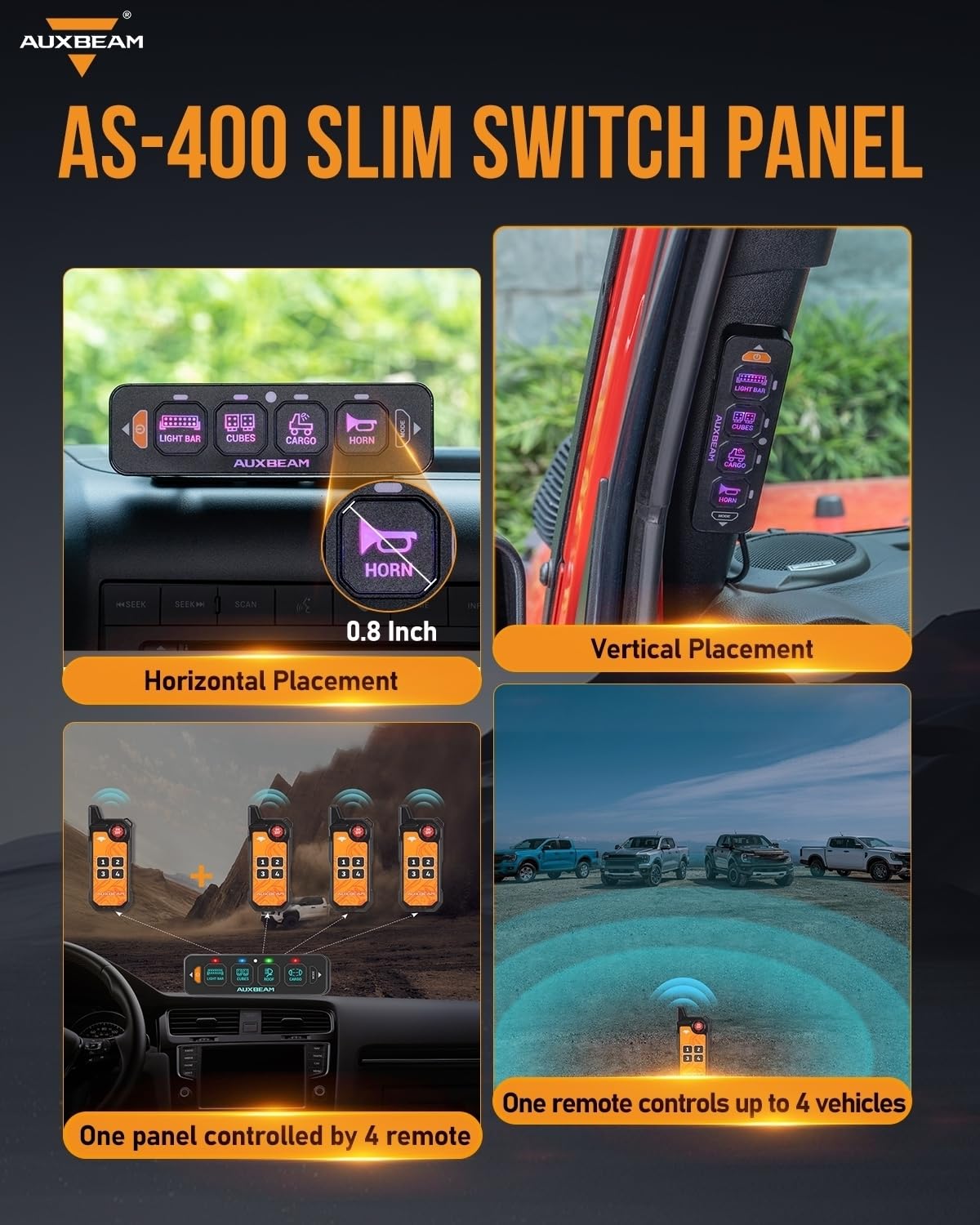 Auxbeam 4 Gang Slim Switch Panel Bluetooth RGB AS-400 with APP&Remote Control Toggle Momentary Pulsed Switch Pod Off Backlight for Truck Offroad UTV ATV Car Marine 12-24V Waterproof, 2 Years Warranty