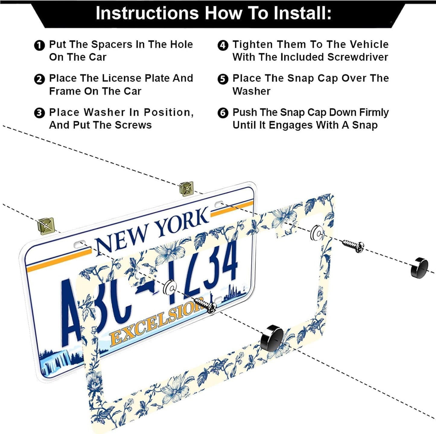 Blue Floral Flowers License Plate Frames - 2 Pcs Set 2 Holes Stainless Steel Metal Auto Car Accessories Decoration License Plate Frame Cover Size 6.3" x 12.2" Fit US Vehicles for Women Men Gift