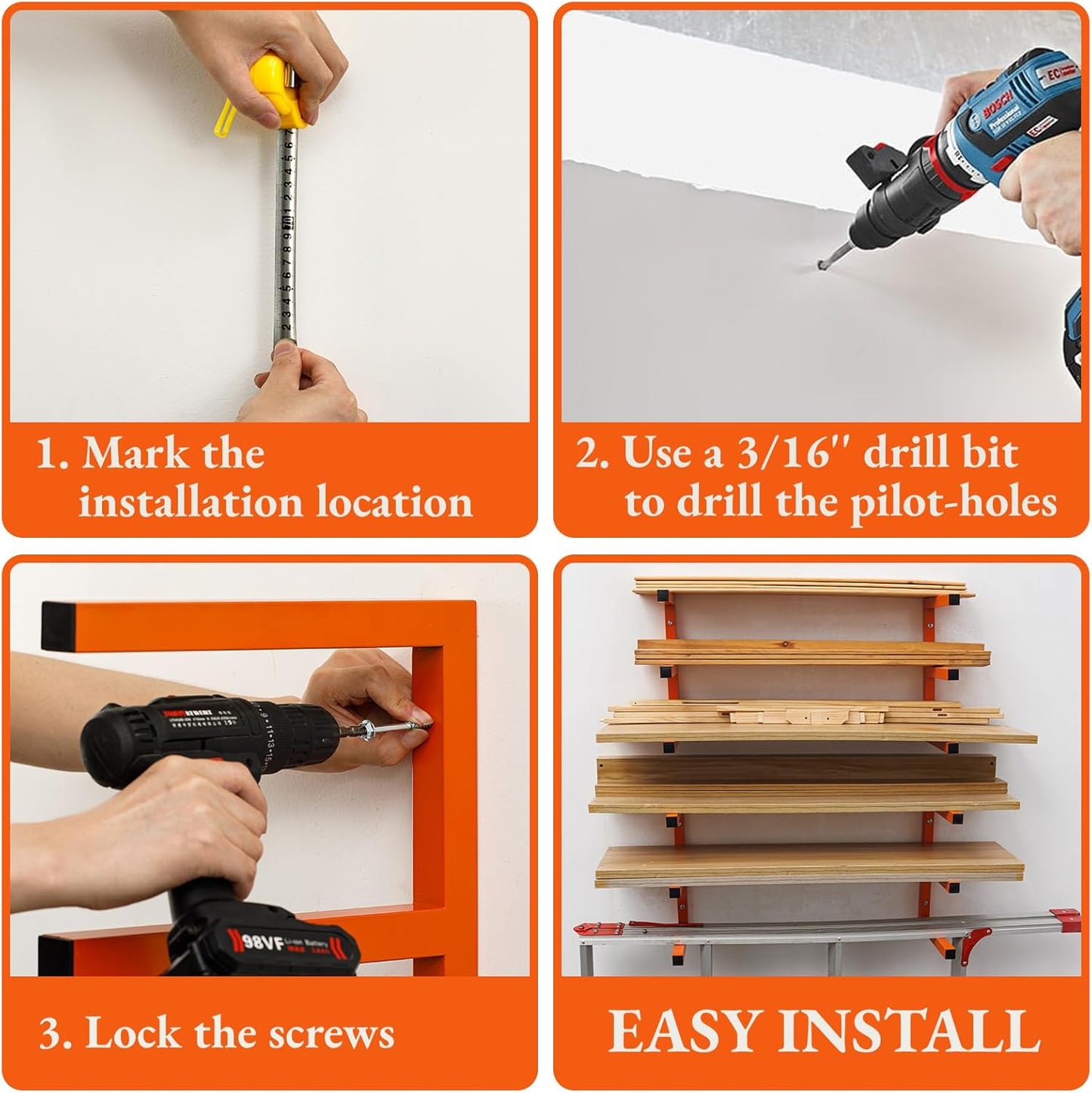 Heavy Duty Lumber Storage Rack Wall Mount, Metal Wood Rack Organizer with 6-Level Each Shelf Holds Up 200 Lbs, Indoor & Outdoor Use - 4pack