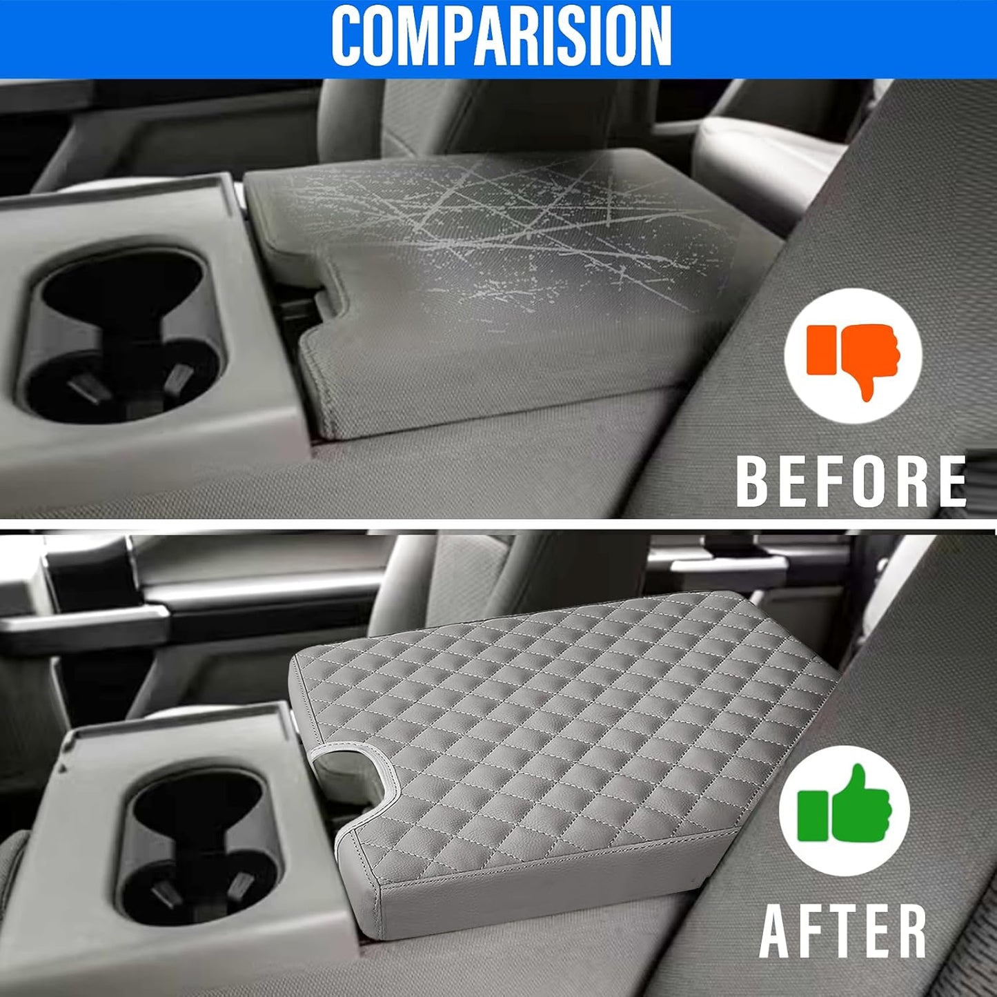 Center Console Armrest Cover for Ford F150 2015-2022, F250 F350 F450 F550 2017-2022, PU Leather Car Interior Accessories, Middle Console Cover Box Lid Protector Cushion Pad (40/20/40 Split Seat Only)