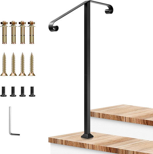 VIVOSUN Outdoor Handrail, 2 Step Stair Handrail, 21.6" x 39" Fits 1 to 2 Steps, Wrought Mattle Iron Stair Railing with Dual Curved Ends for Concrete Steps, Porch Steps, One-Step Assembly, Black