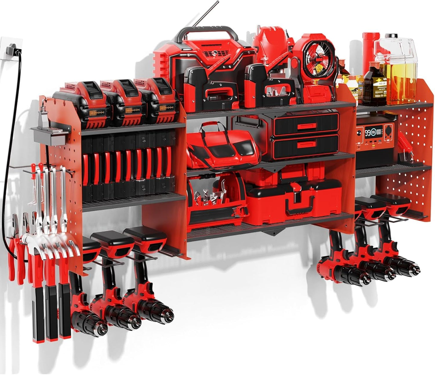 Power Tool Organizer Wall Mount with Charging Station, 45.5" Expanded Garage Wall Tool Organizer with 4 Pegboard Hooks, 6.5FT Outlet Power Strip, Large Garage Storage Rack for Impact Wrenches