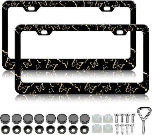 Golden Butterfly License Plate Frames - 2 Pack Beautiful Butterfly Stainless Steel License Plate Holder,Rust-Proof Waterproof Car Decorative Tag Frame with Screws Fasteners Caps