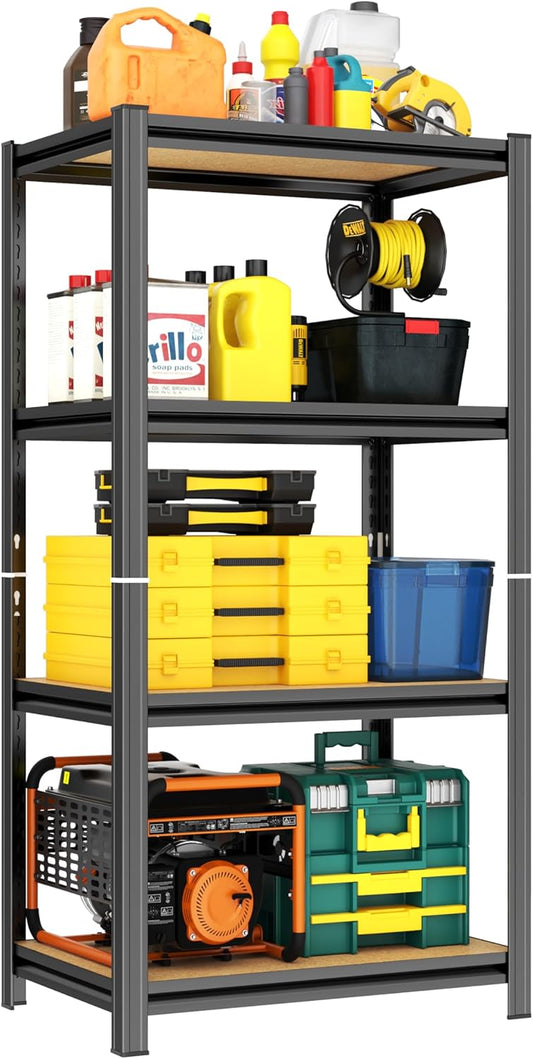 Garage Shelving, 4-Tier Adjustable Storage Shelves, Metal & Wood Pantry Shelf Organizer, Modern Garage Shelving Unit, Utility Storage, (Wood 45.7" H x 23.6" W x 11.8D)