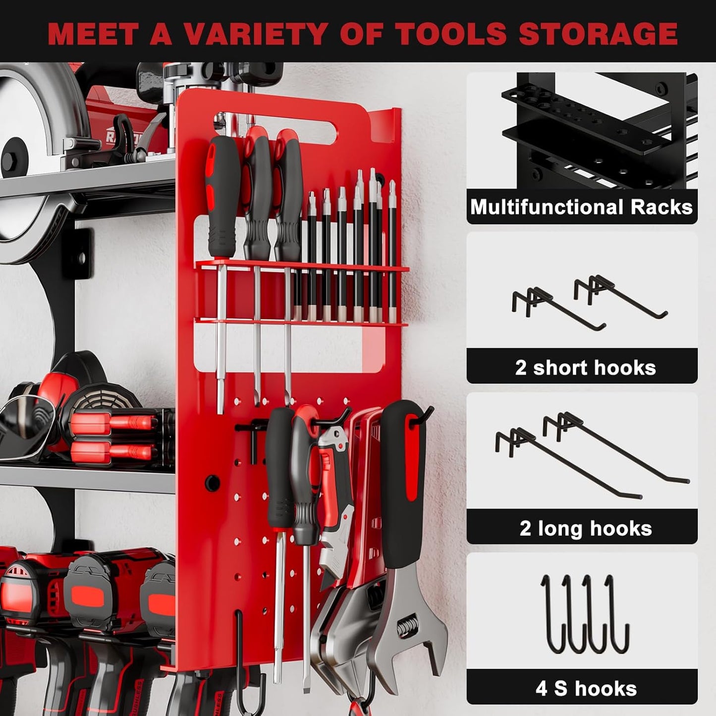 64" Power Tool Organizer Wall Mount, 16 Slots, 3-Tier Drill & Cordless Tool Storage Holder with Pegboard Sides, Tool Wall Organizer for Garage & Workshop Red