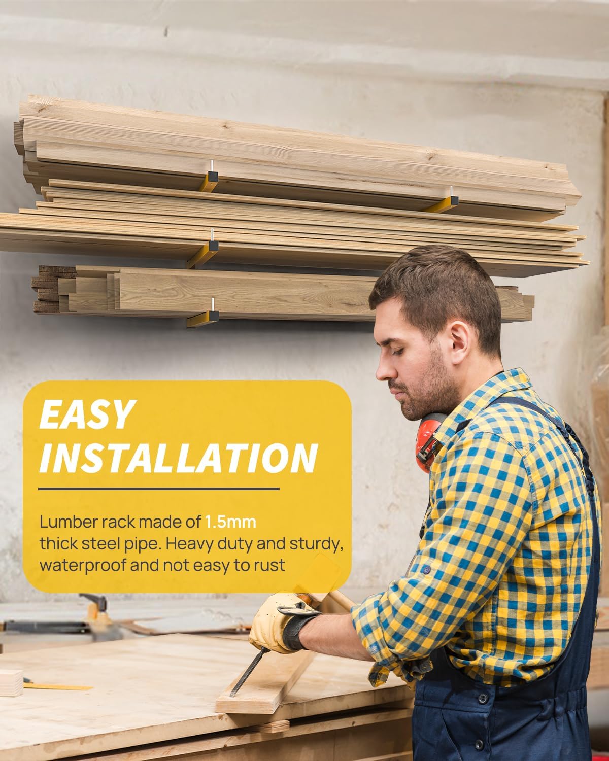 Lumber Rack Wall Mount Storage Racks Folding Wood Organizer Heavy Duty Shelf Brackets With 3-Level 360 Lbs Capacity Yellow Metal Utility Racks Garage Wall Shelving for Indoor and Outdoor Use (2 Pack)