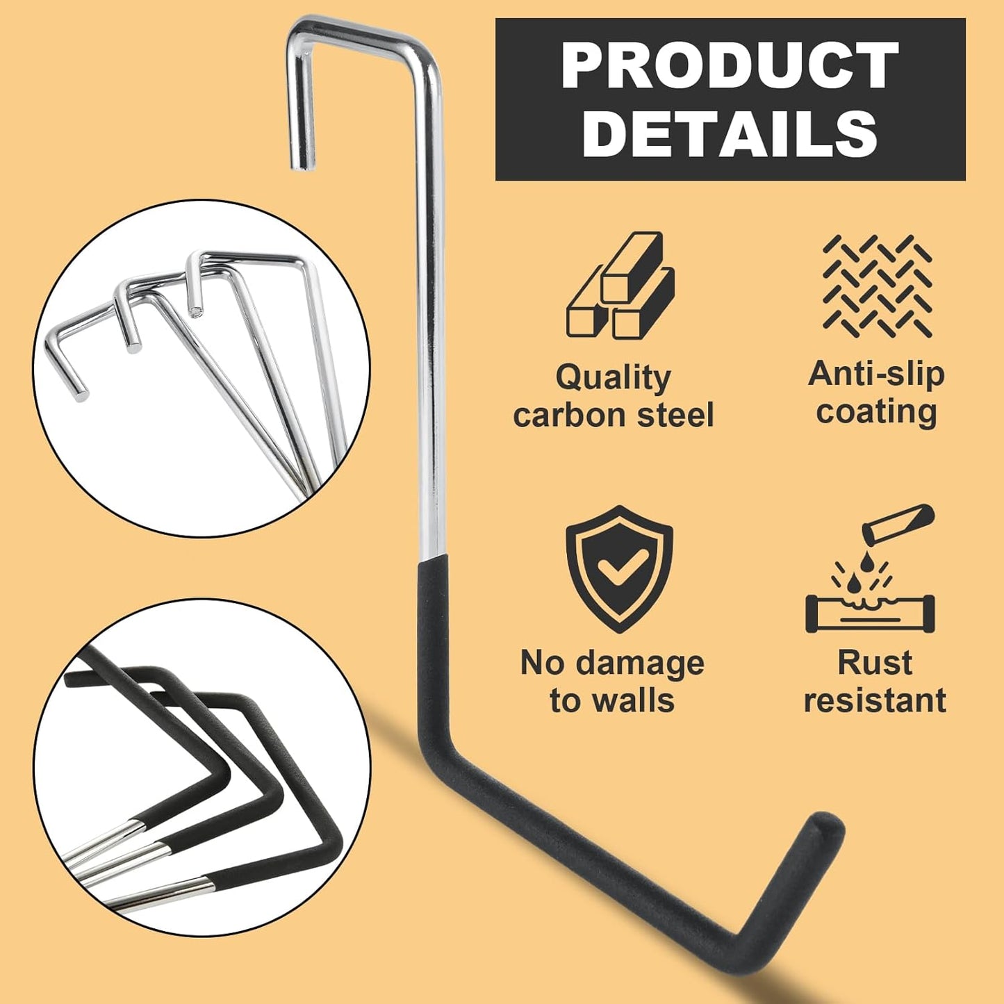 8 PCS Heavy Duty Carbon Steel S Hooks, Vinyl Coated, 7.5 Inch, Black, 66 Lbs Max Weight, Ideal for Garage, Outdoor, Indoor, Ladder, Sports Equipment, Pool Equipment, Plant Supports