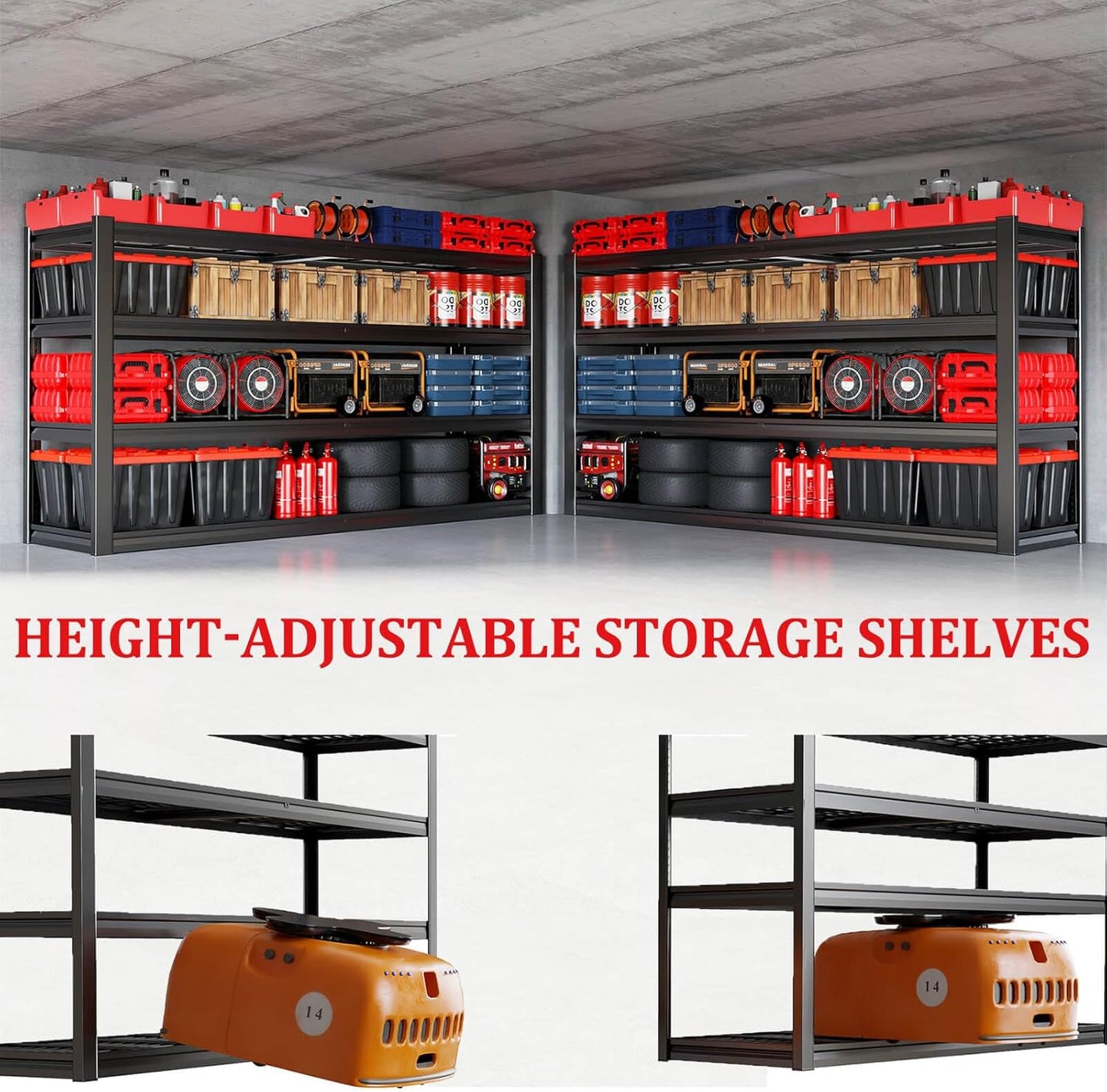 68" W Garage Shelving Unit, 68" W x 24" D x 68" H, Heavy Duty Garage Storage Shelves, 4 Tier Storage Rack Shelf, Industrial Adjustable Shelves for Basement Warehouse, 2 Pack
