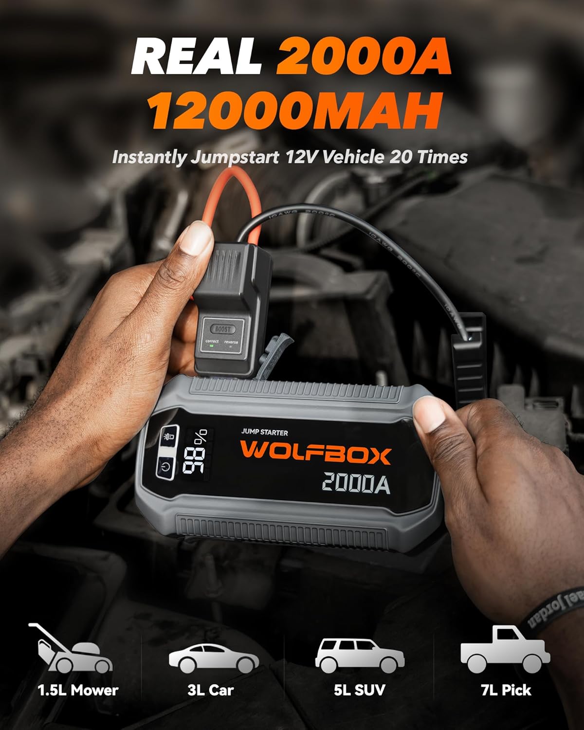 WOLFBOX 2000A Jump Starter, 12000mAh Battery Jumper Starter Portable with LED Display, 12V Car Battery Jump Starter Pack (7L Gas 6L Diesel Engine) with Booster, LED Light, Jumper Cables (NO Adapter)